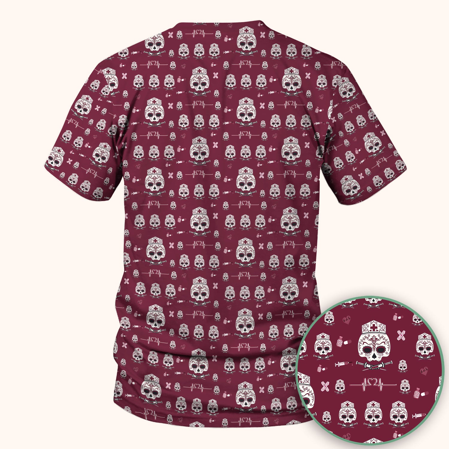 Sugar Skull Scrub Top, Skull Pattern Scrub Shirt, Breathable Fabrics Nursing Uniform