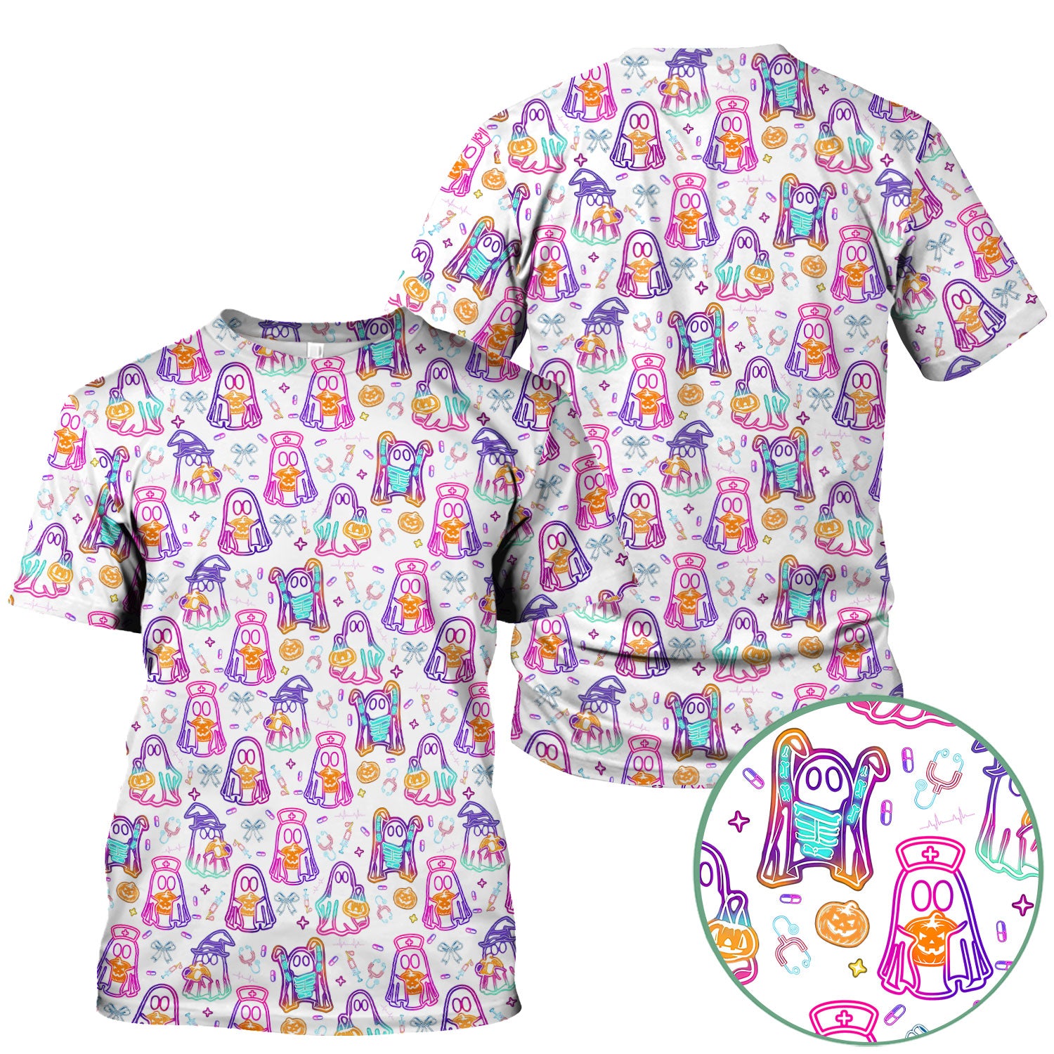 Halloween Nurse Scrub Top for Women - Cute Neon Ghost Medical Uniform - Funny Spooky Nursing Shirt RN CNA LPN Gift