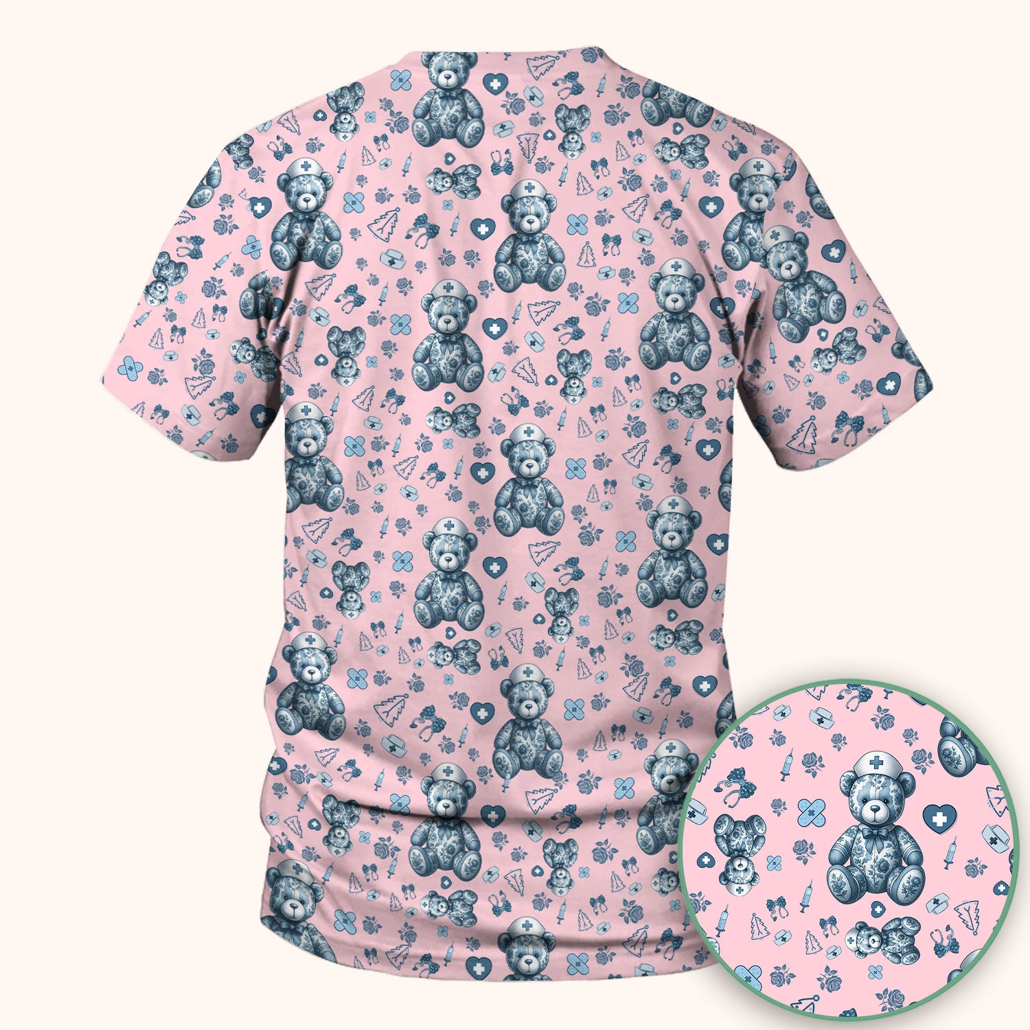 Toile Teddy Bear Nurse Scrub Top - Elegant Blue Toile de Jouy Pattern Medical Shirt for Women - Cute Vintage Nursing Uniform Gift
