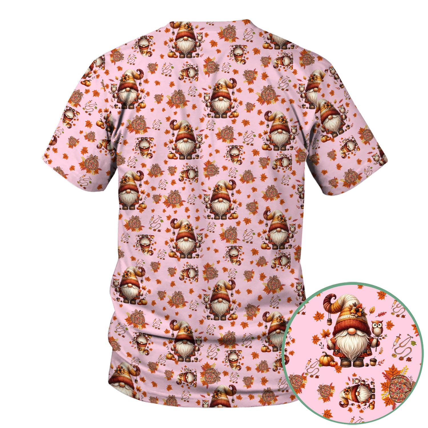 Fall Gnome Nurse Scrub Top for Women - Autumn Leaves Pumpkin Shirts - Thanksgiving Nursing Uniform Gift for RN LPN CNA