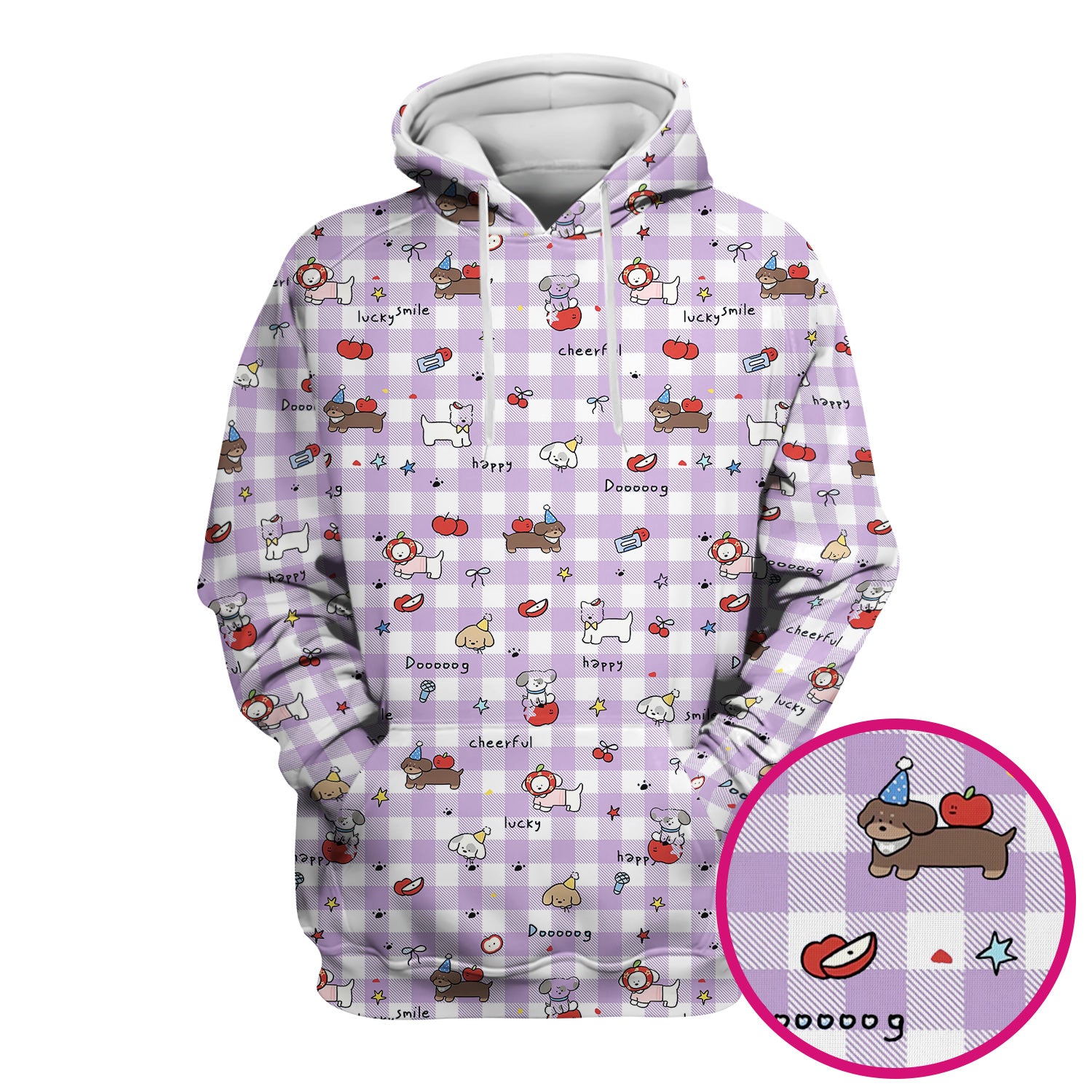 Cute Nurse Cartoon Puppy Apple Gingham Scrub Top, Breathable Fabrics Nursing Uniform