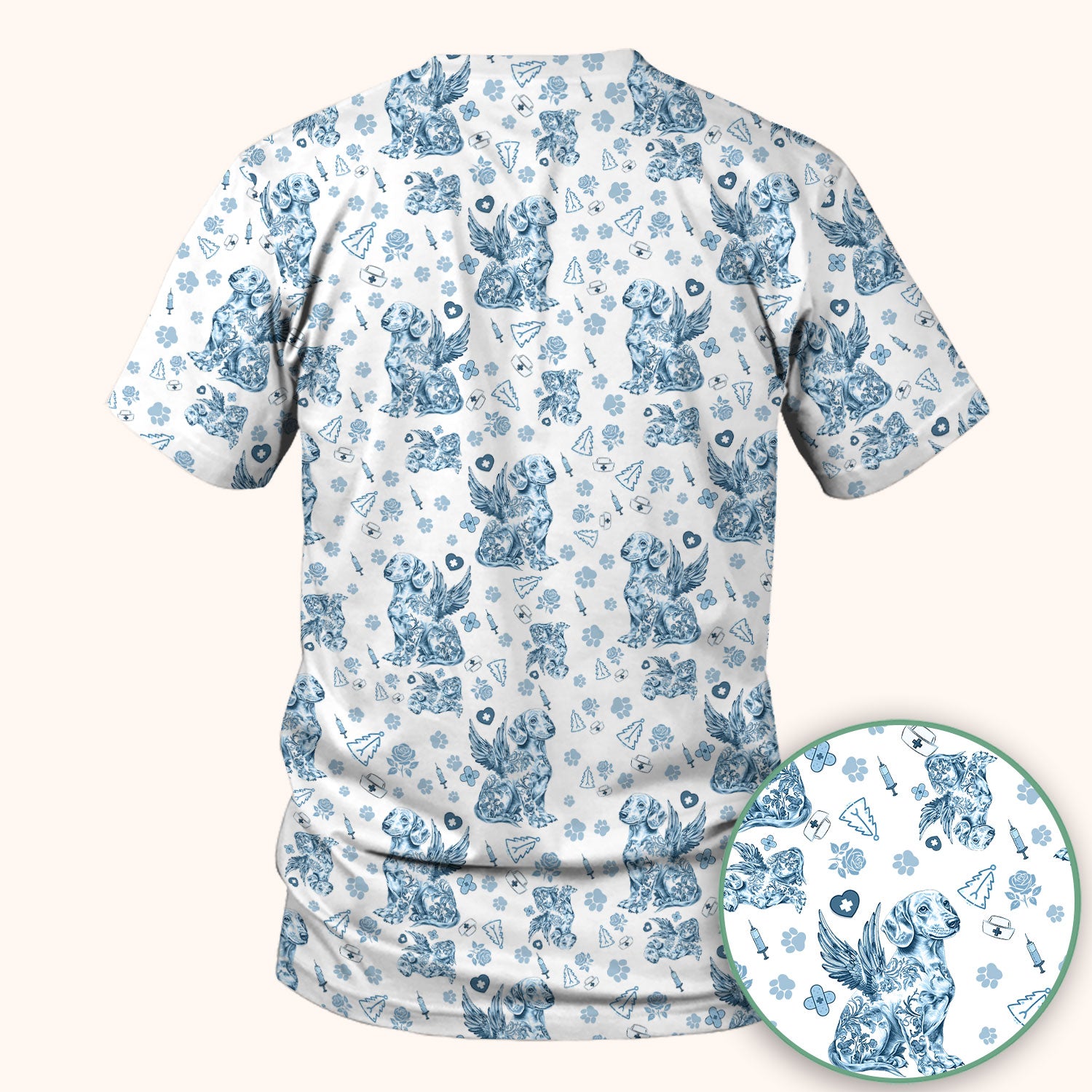 Toile de Jouy Dachshund Angel Scrub Top - Blue Vintage Dog Nurse Shirt - Memorial Christmas Gift