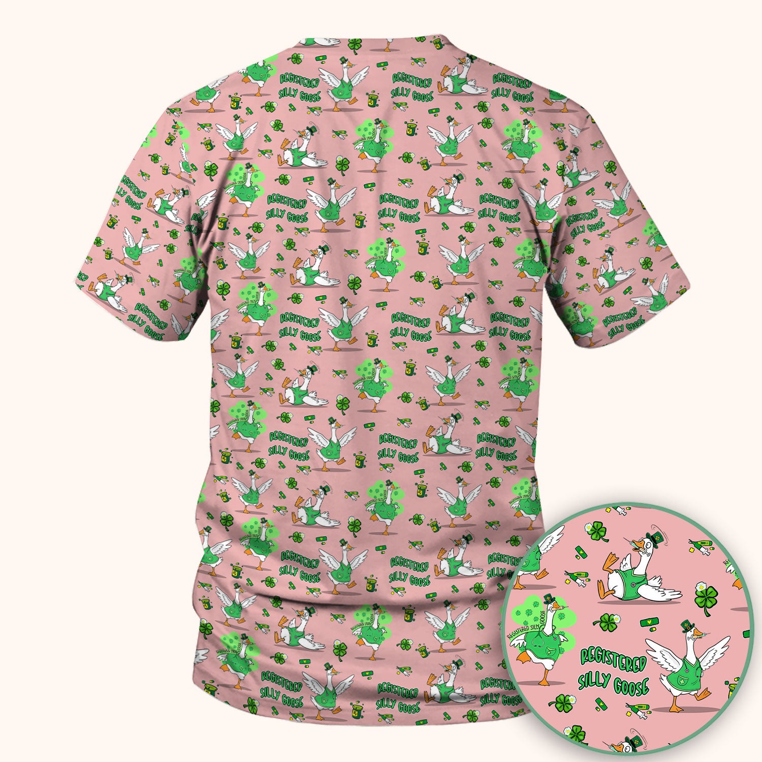 Silly Goose St. Patrick’s Day Scrub Top, Funny Goose Shamrock Pattern Nurse Scrub Shirt, Irish Green Nursing Uniform