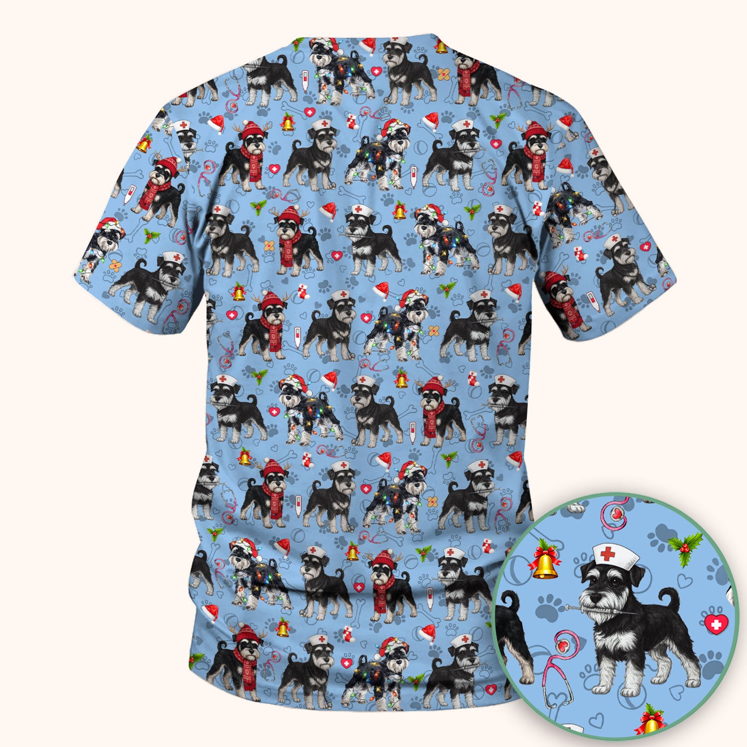 Christmas Schnauzer Scrubs for Nurses - Cute Dog Holiday Scrub Top - Funny Santa Nursing Medical Shirt for Women