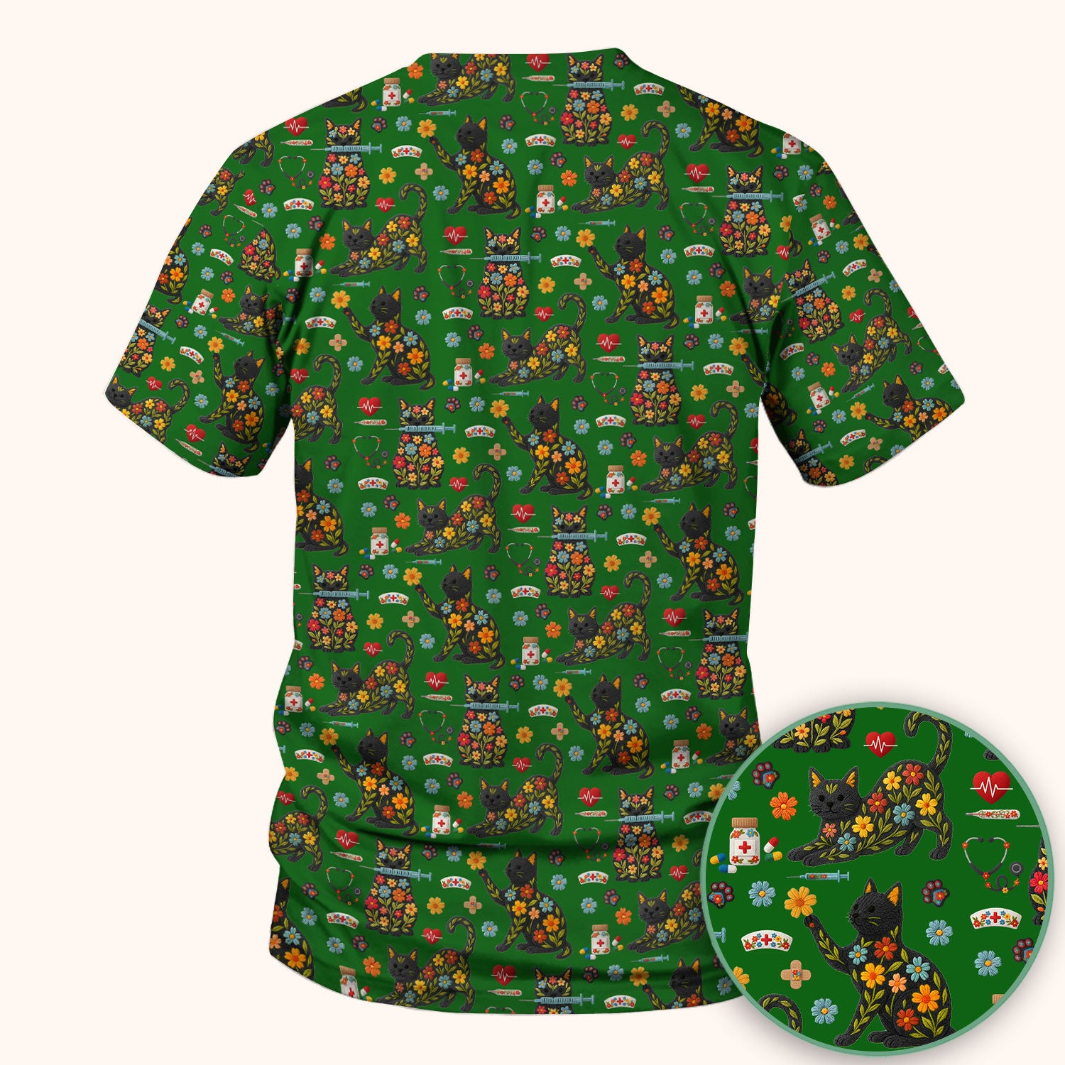 Floral Black Cat Pattern Scrub Top, Cute Cat Nurse Scrub Shirt, Medical Nursing Uniform