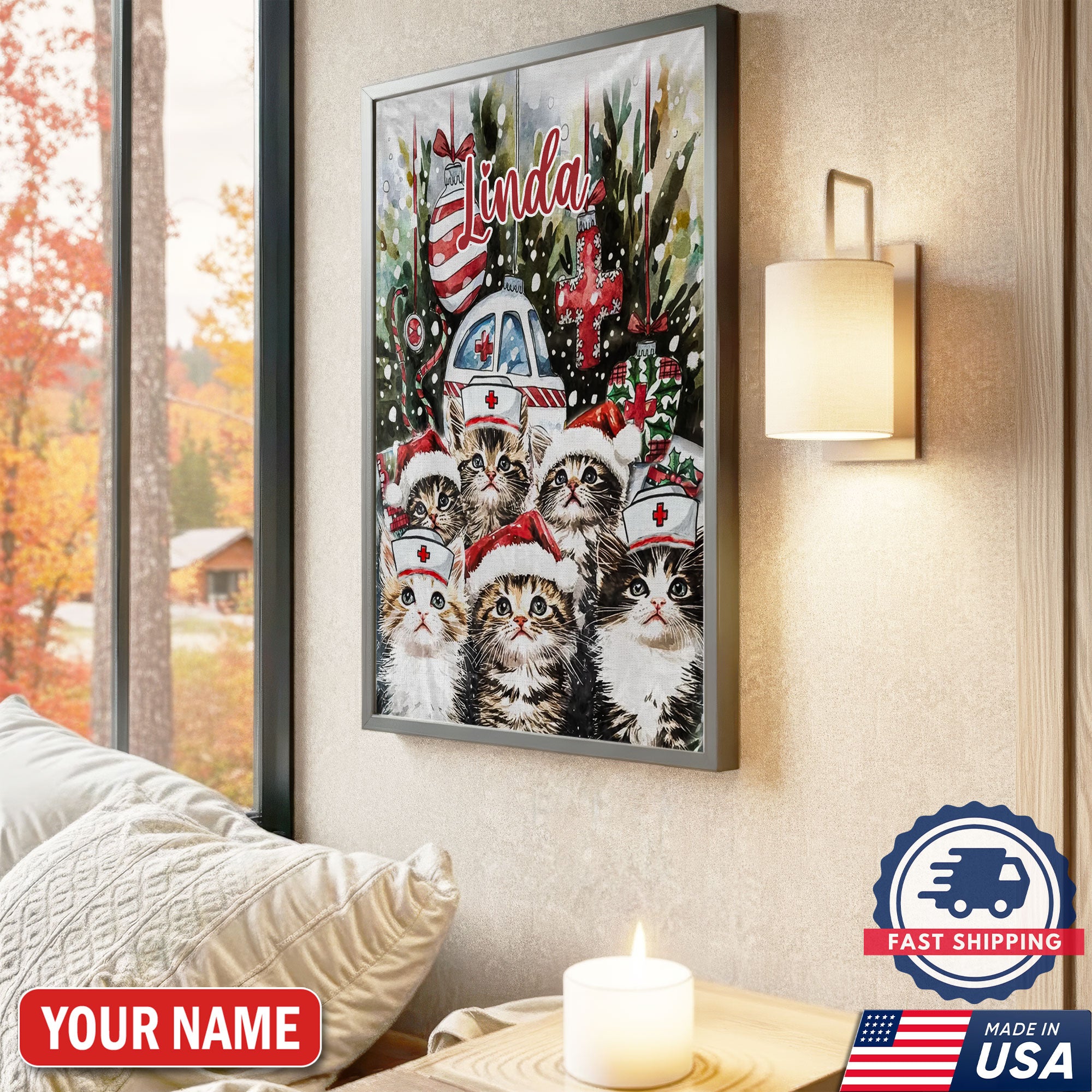 Personalized Nurse Cat Christmas Canvas, Custom Name Nurse Wall Art, Cute Holiday Gift For RN And Cat Lovers