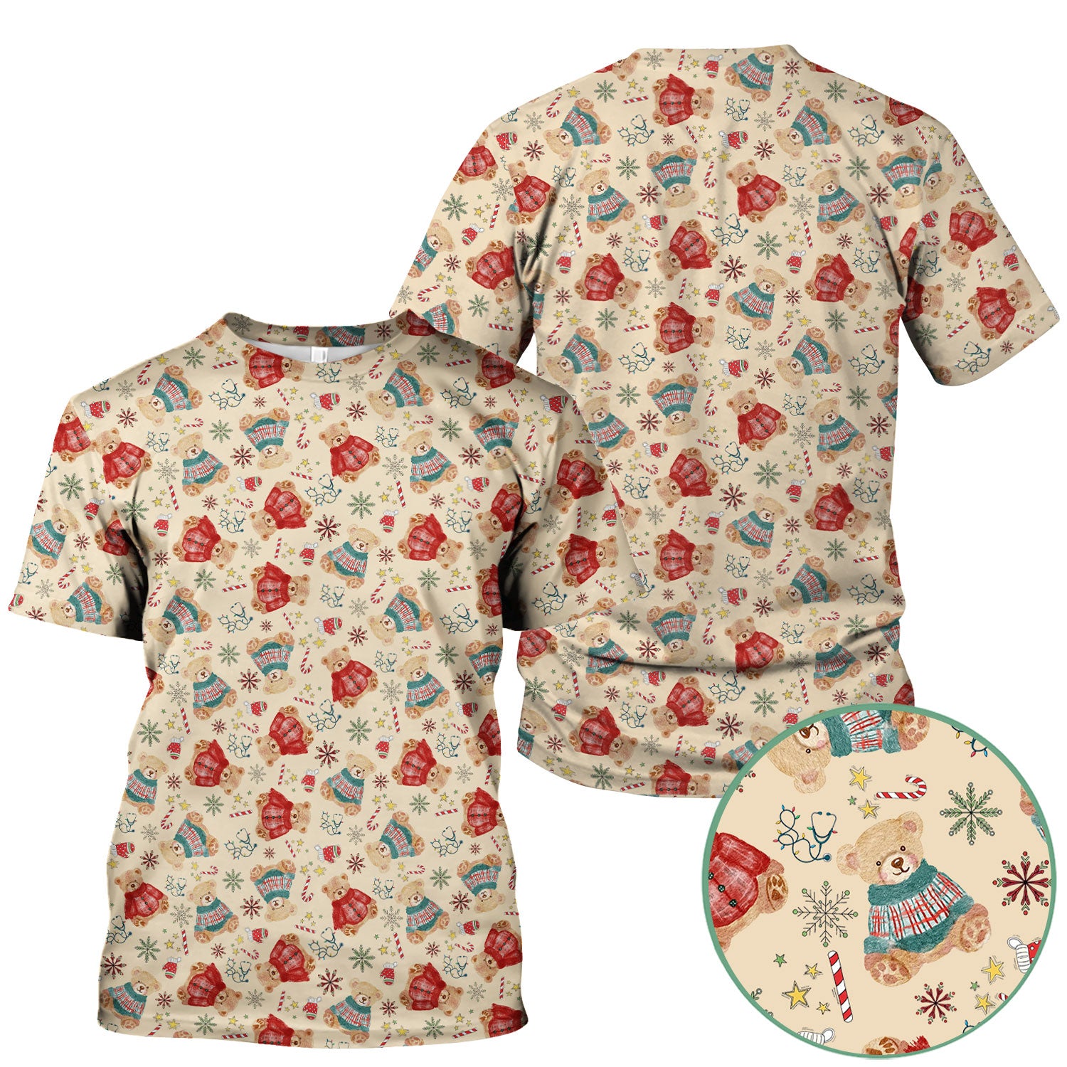 Christmas Bear Scrub Top - Cute Holiday Teddy Print Scrubs for Nurses - Funny Xmas Medical Scrub Shirt Gift for Women CNA RN