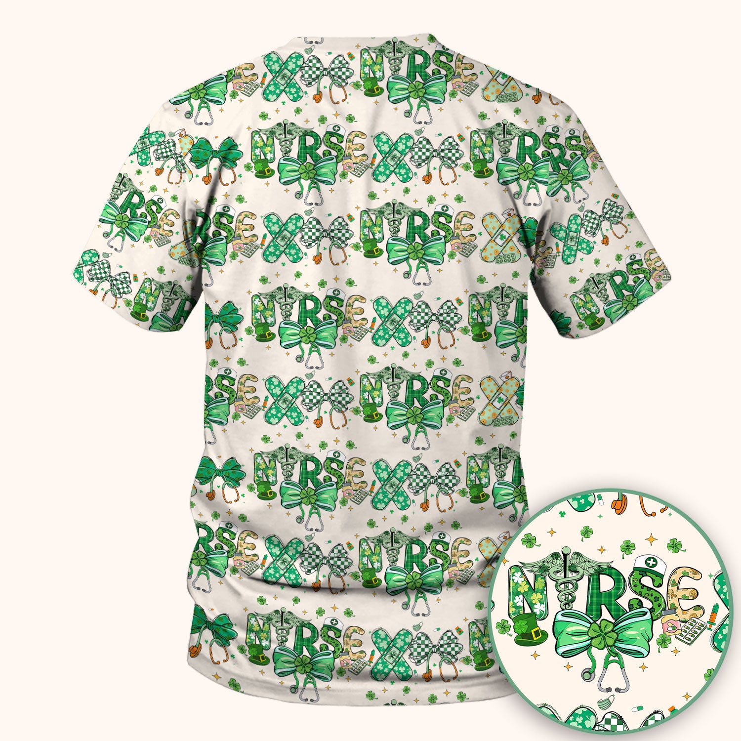 St. Patrick’s Nurse Scrub Top, Lucky Clover And Green Bow Pattern Nurse Shirt, Breathable Fabrics Nursing Uniform