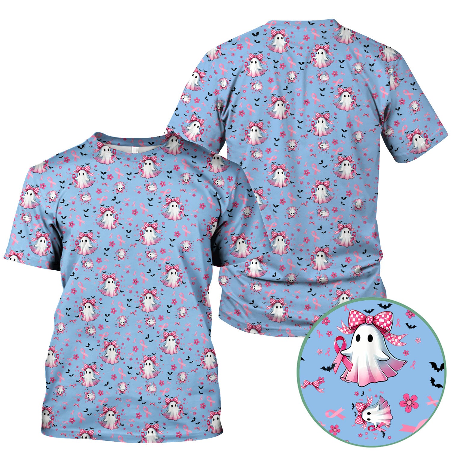 Breast Cancer Awareness Ghost Scrub Top for Women - Pink Ribbon Halloween Nurse Shirt - Cute Spooky Medical Uniform RN LPN CNA Gift
