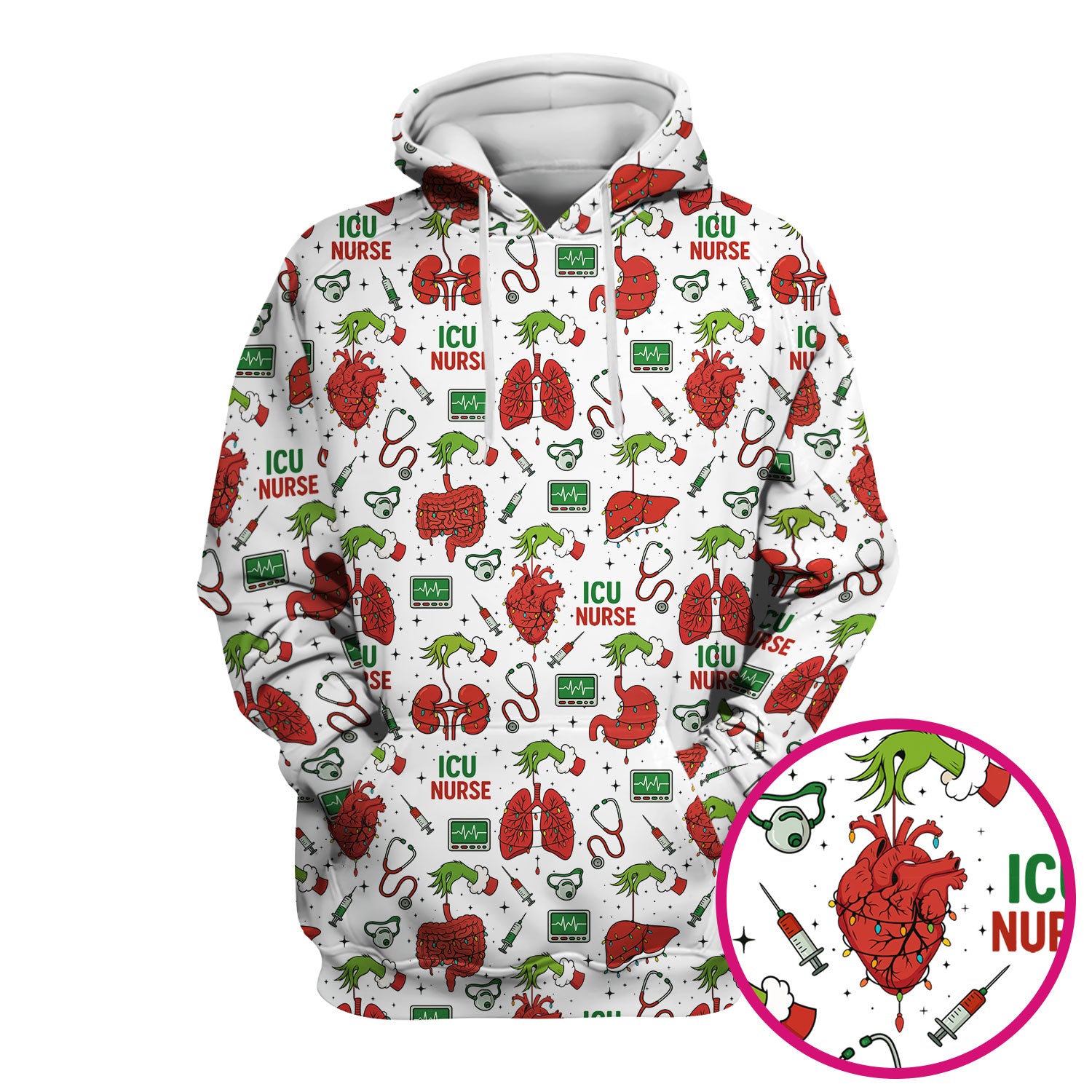 Christmas ICU Nurse Scrub Top - Funny Heart Anatomy Pattern - Holiday Nursing Shirt Gift for RN LPN CNA
