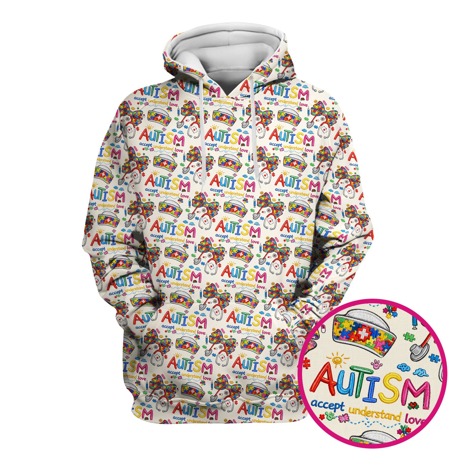 Autism Awareness Pattern Nurse Scrub Top, Accept Understand Love Puzzle Nurses Shirt, Breathable Fabrics Nursing Uniform