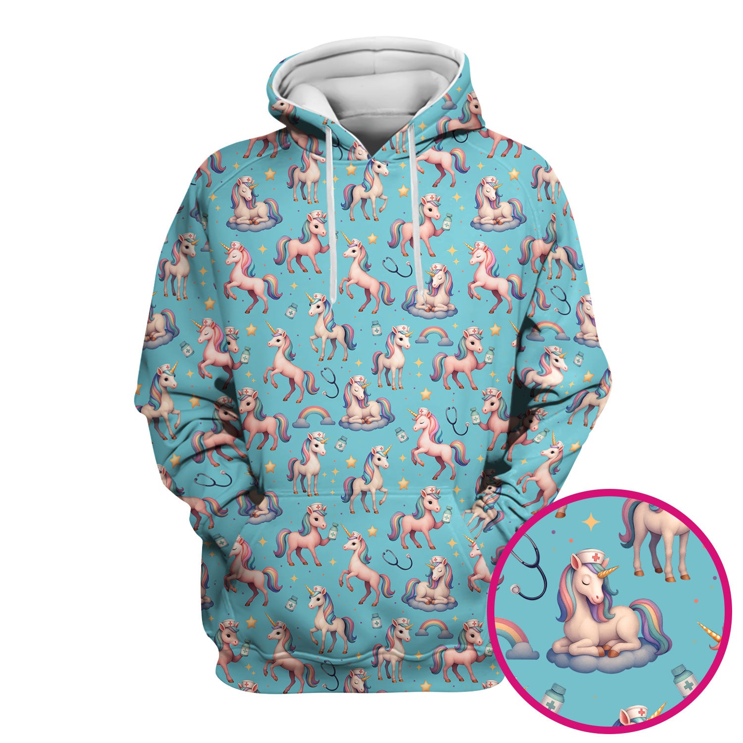 Cute Unicorn Nurse Scrub Top for Women - Rainbow Pastel Pattern Medical Shirt - Fun Fantasy Gift for RN LPN CNA Pediatric Nurses