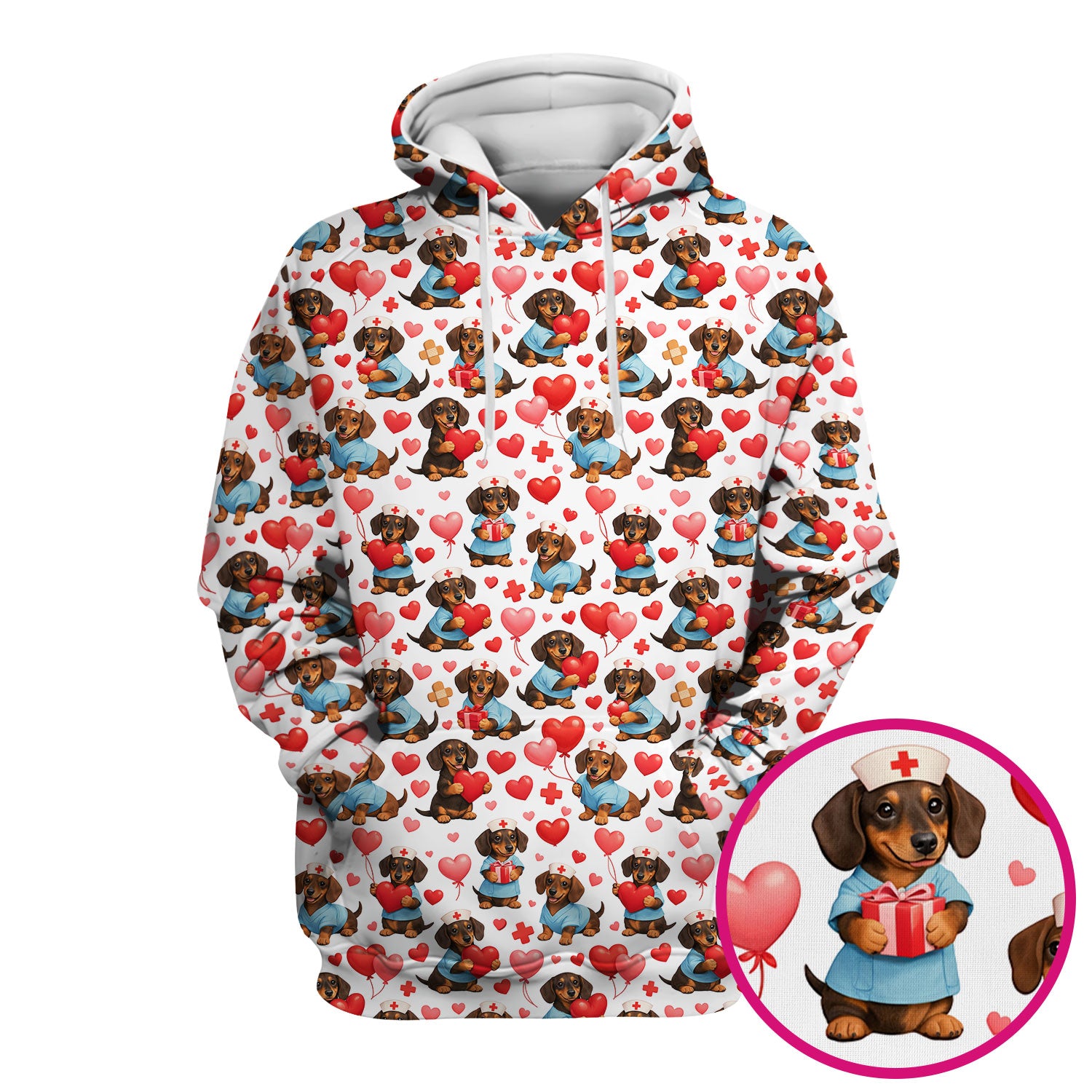Dachshund Valentine Nurse Scrub Top, Cute  Wiener Dog Medical Pattern Shirt, Breathable Fabrics Nursing Uniform