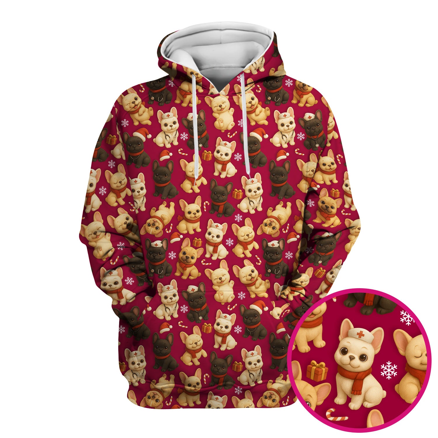 Christmas Dog Scrubs for Women - Cute French Bulldog Pattern Medical Scrub Top - Festive Holiday Nurse Scrubs with Adorable Puppy Design