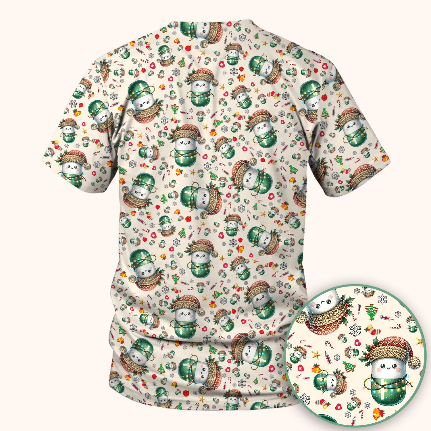 Pharmacy Tech Christmas Scrub Top – Cute Green Snowman Print Nurse Outfit – Funny Holiday Medical Uniform for Pharmacists