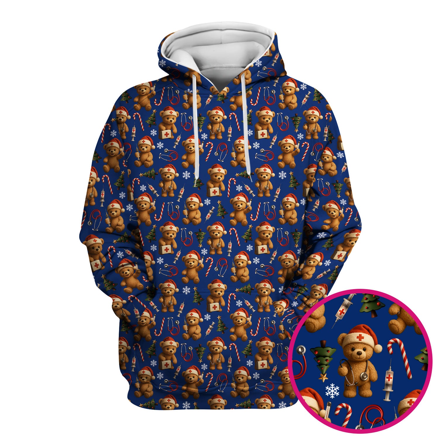 Teddy Bear Christmas Scrubs for Women - Cute Nurse Bear Pattern Medical Scrub Top - Holiday Christmas Scrubs with Fun Festive Design