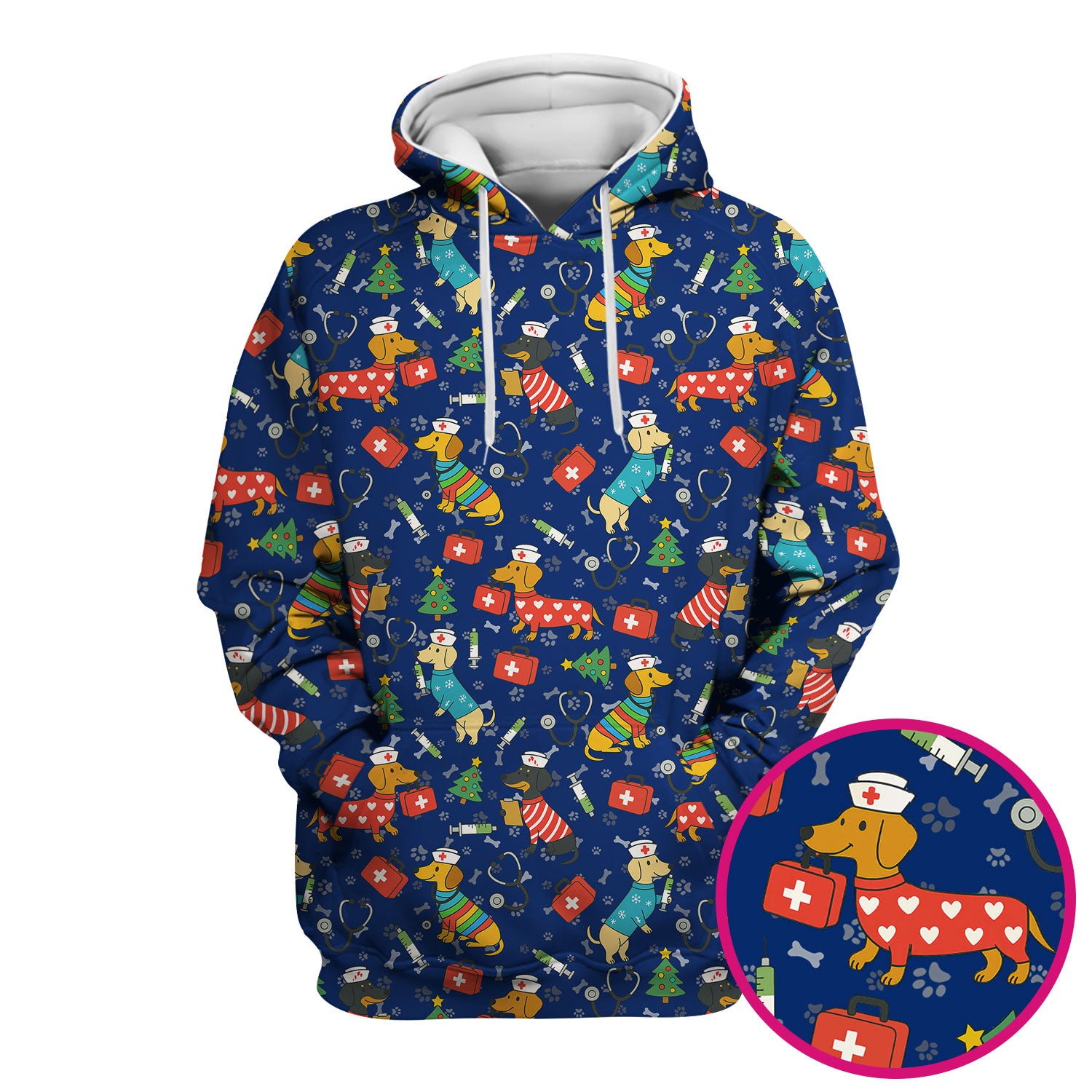 Christmas Dachshund Scrub Top - Funny Dog Nurse Scrubs Multi Color - Holiday Scrub Shirt Gift for Women Men, CNA, RN, Medical Professional