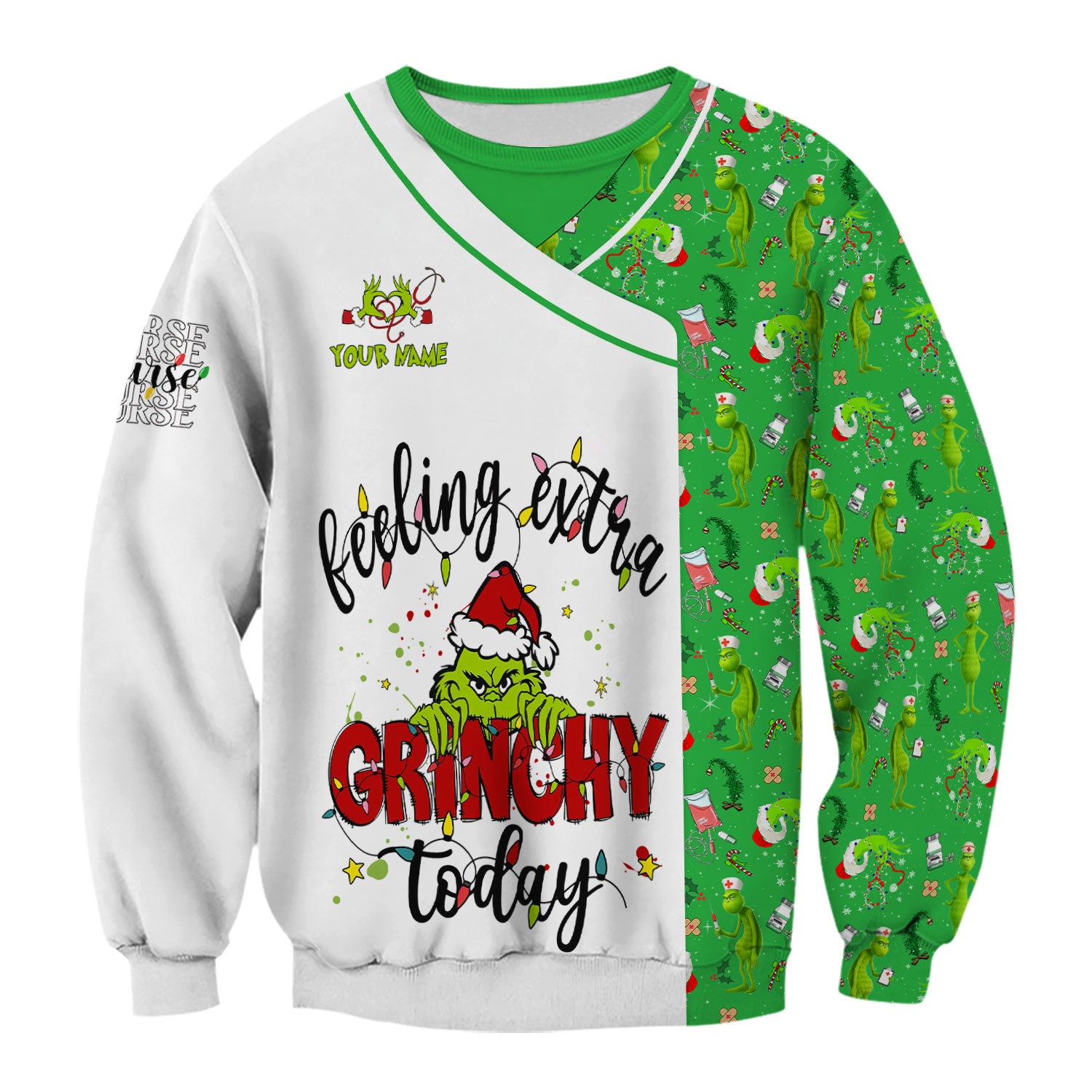 Personalized Grinch Nurse Scrub Top - Funny Christmas Scrub Shirt Multi Color - Feeling Extra Grinchy Today Holiday Nursing Gift