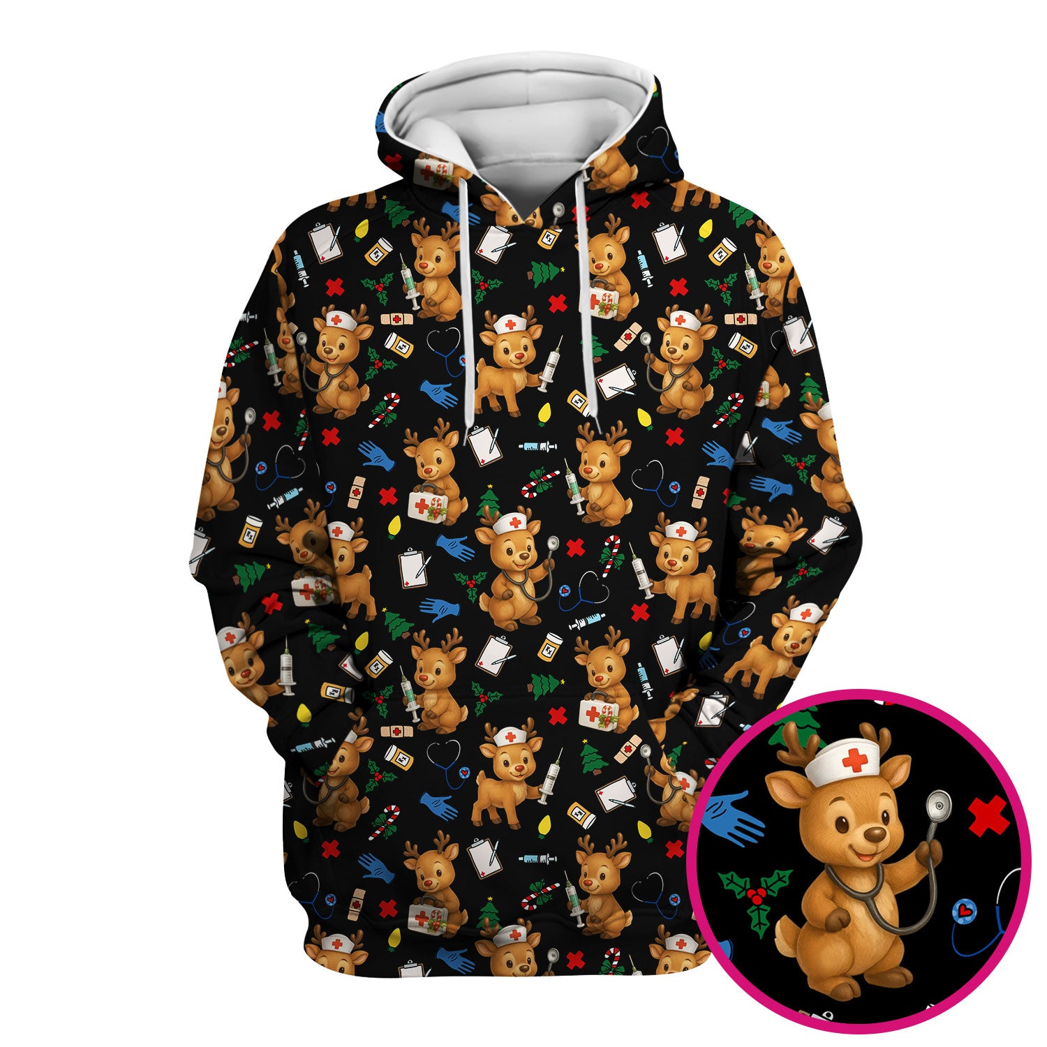 Cute Reindeer Pattern Christmas Scrub Top - Funny Holiday Nurse Scrubs for Women - Medical Christmas Print with Deer and Stethoscope Design