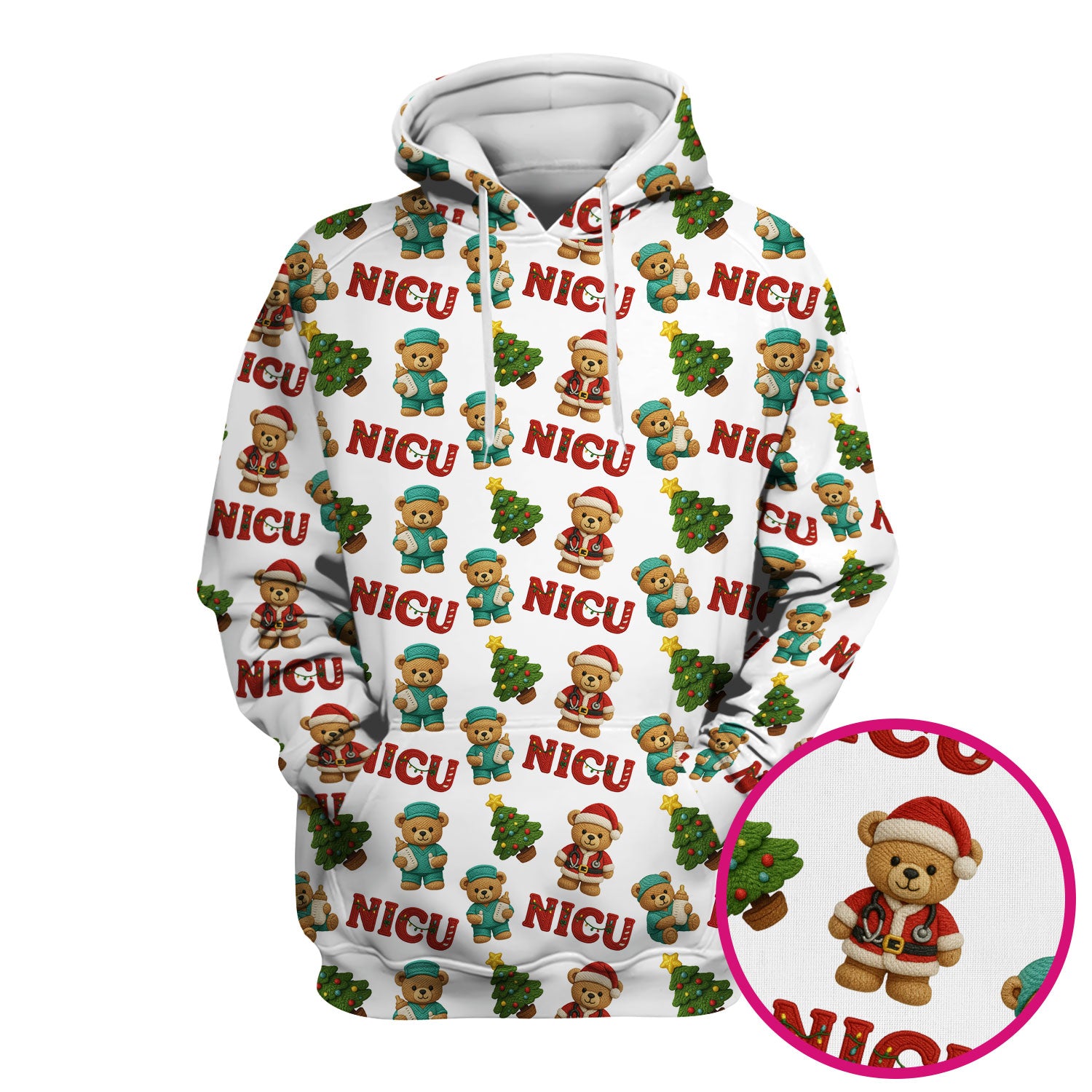 Festive Christmas NICU Nurse Teddy Bear Pattern, Breathable Fabrics Nursing Uniform