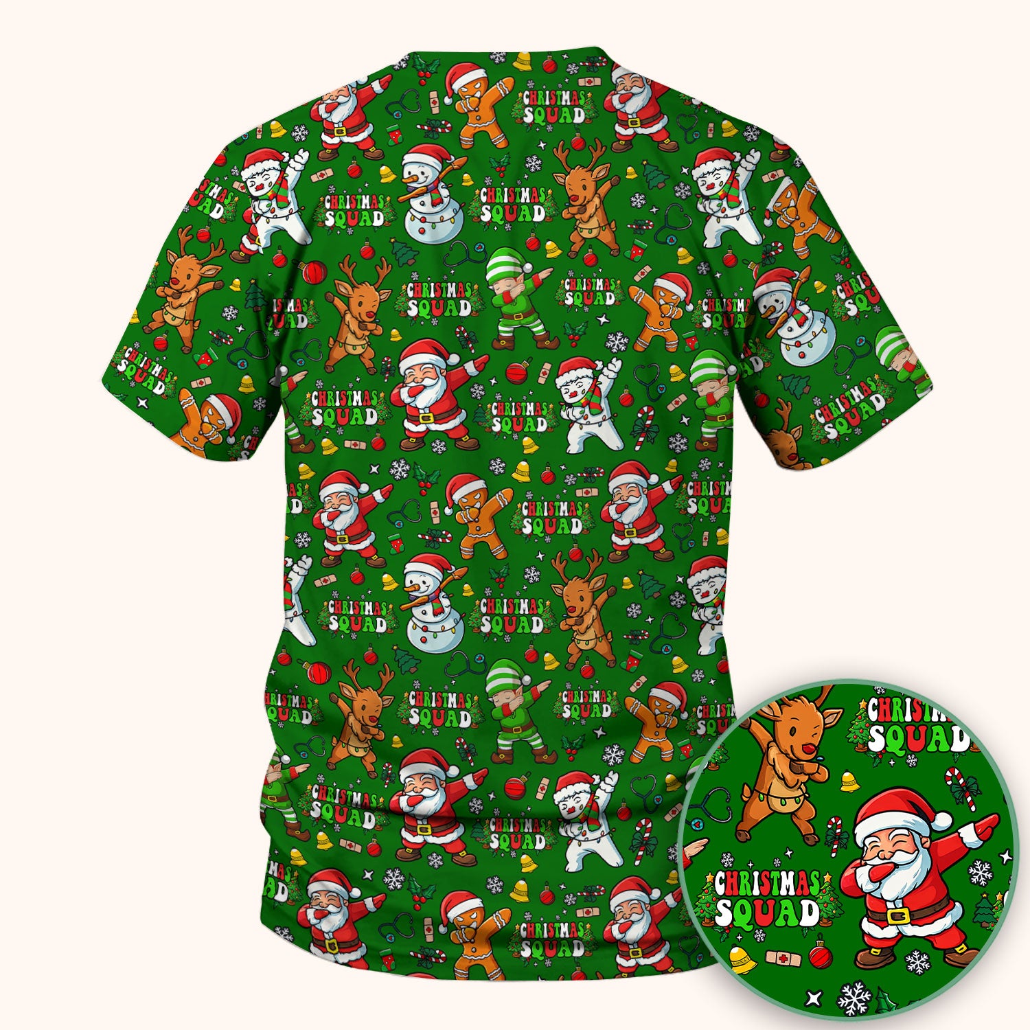 Christmas Squad Scrub Top - Dancing Santa, Reindeer & Elf Shirt - Funny Holiday Medical Uniform for Nurses, Doctors & Vet Techs
