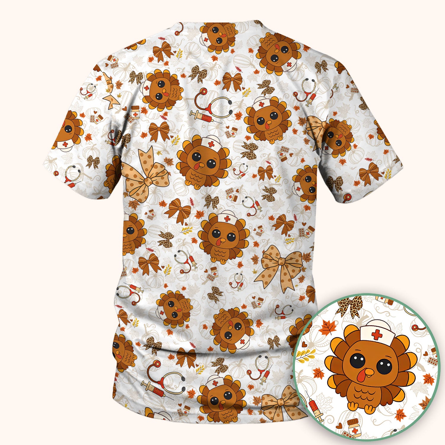 Thanksgiving Turkey Nurse Scrub Top for Women - Cute Fall Leaves and Bow Shirt - Autumn Medical Shirt Gift for RN CNA LPN Doctor