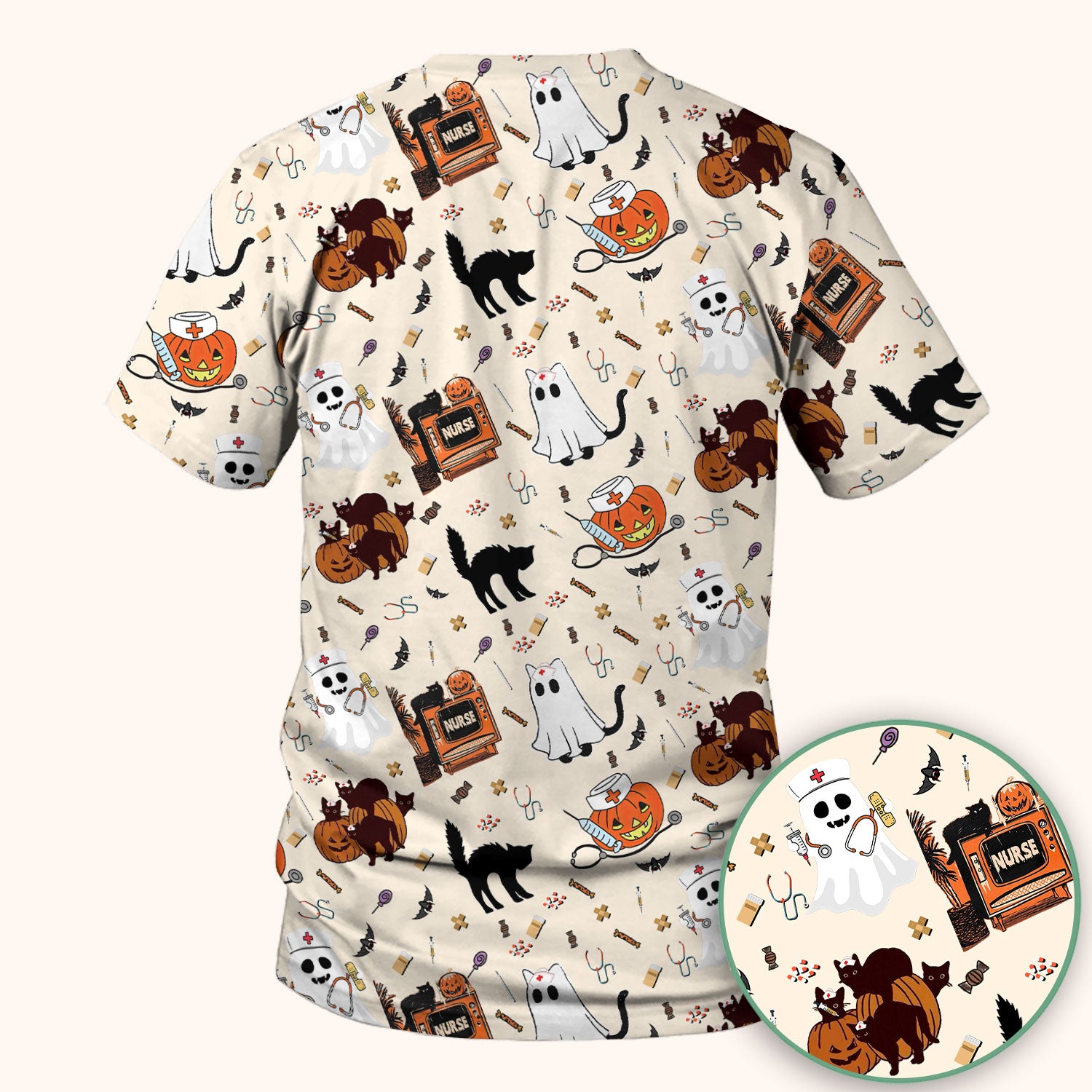 Halloween Scrub Top for Nurse - Cute Pumpkin Ghost Cat Medical Shirt - Spooky Scrubs for Women RN CNA LPN