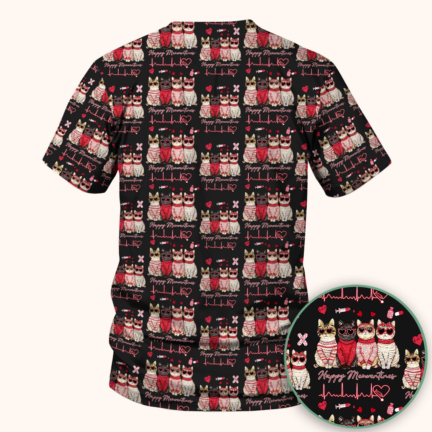 Happy Meowtines Cat Pattern Scrub Top, Valentine Cat Lover Nurse Scrub Shirt, Heartbeat Medical Pattern Nursing Uniform