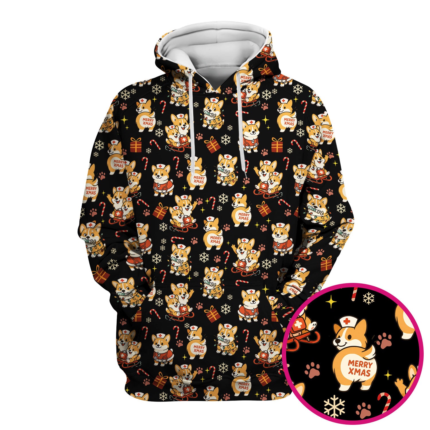 Christmas Corgi Scrubs for Nurses - Cute Corgi Pattern with Candy Canes, Snowflakes and Gifts - Funny Holiday Nurse Scrub Top Gift for Women RN CNA LPN