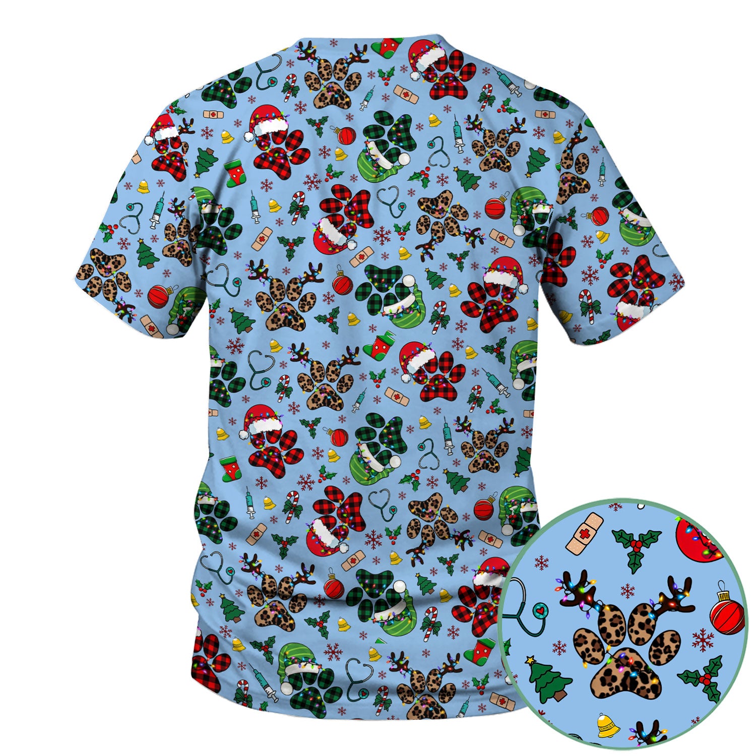 Christmas Paw Print Scrub Top for Nurses - Cute Leopard Holiday Pattern - Funny Festive Medical Uniform Gift