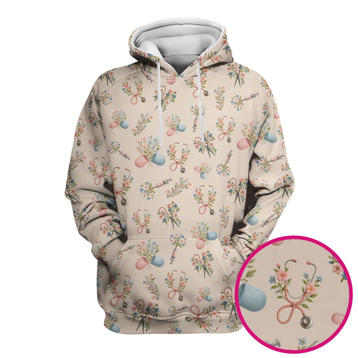 Floral Medical Scrub Top, Elegant Stethoscope With Flower Nursing Shirt, Breathable Fabrics Nurse Uniform