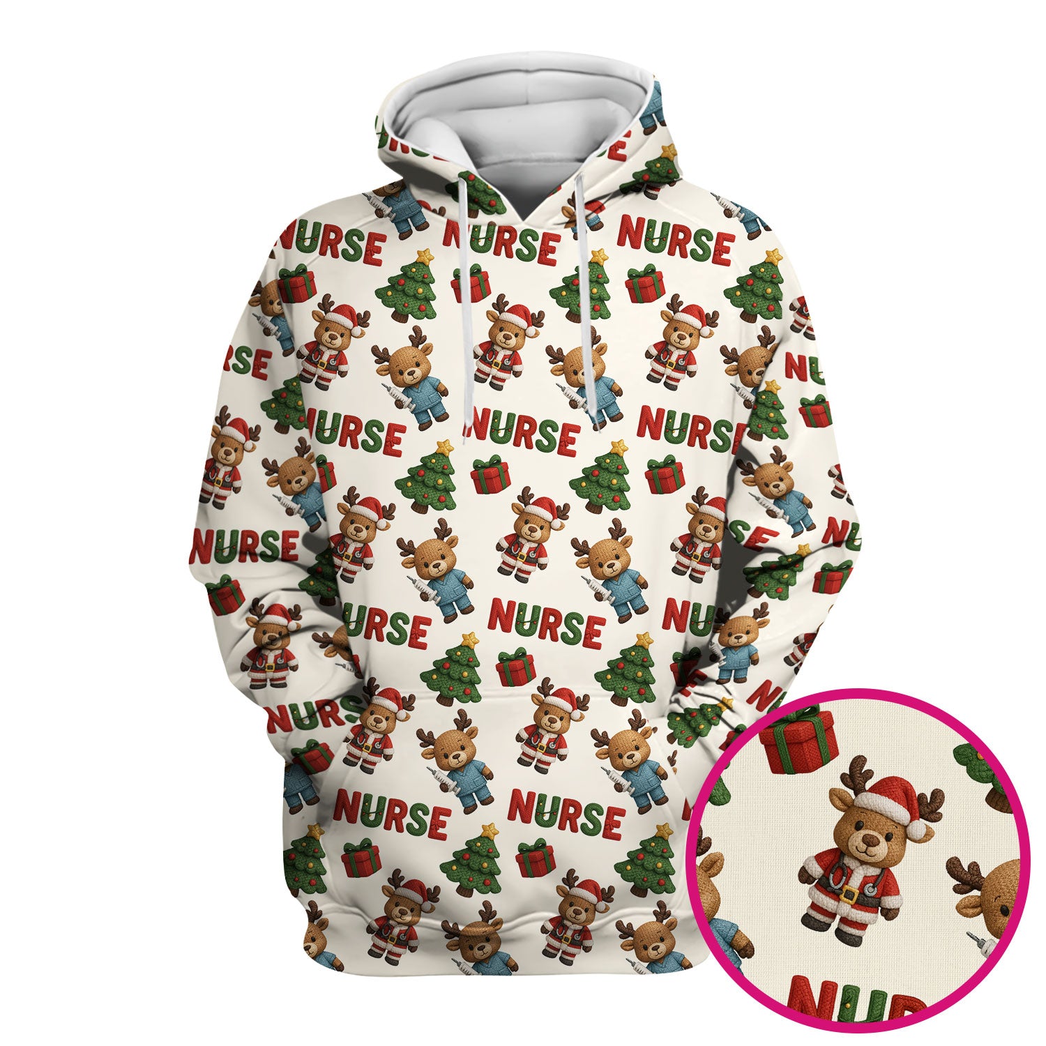 Reindeer Christmas Scrub Top, Cute Holiday Nurse Scrub Shirt, Festive Pattern Nursing Uniform