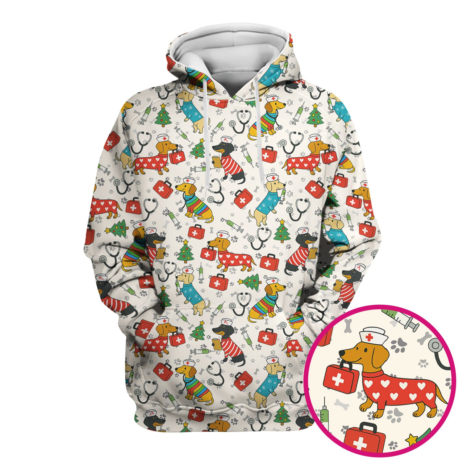 Christmas Dachshund Scrub Top - Funny Dog Nurse Scrubs Multi Color - Holiday Scrub Shirt Gift for Women Men, CNA, RN, Medical Professional