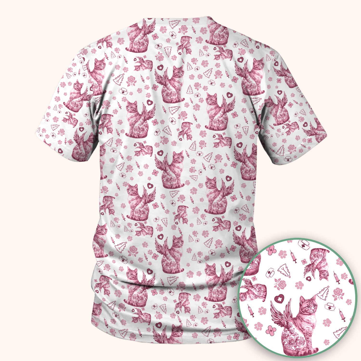 Toile de Jouy Cat Angel Scrub Top - Blue Vintage Nurse Shirt - French Style Medical Uniform for Women RN LPN CNA Gift
