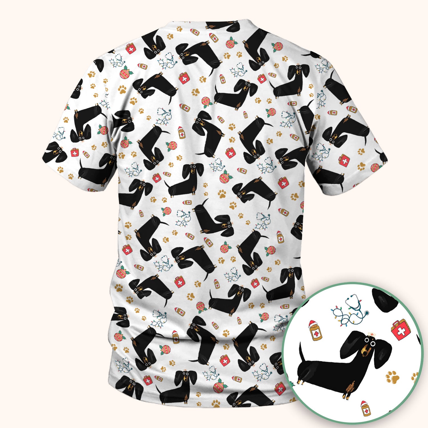 Funny Wiener Dog Scrub Top for Nurses - Cute Black Dachshund Medical Shirt - Dog Lover Nursing Uniform Gift for Women