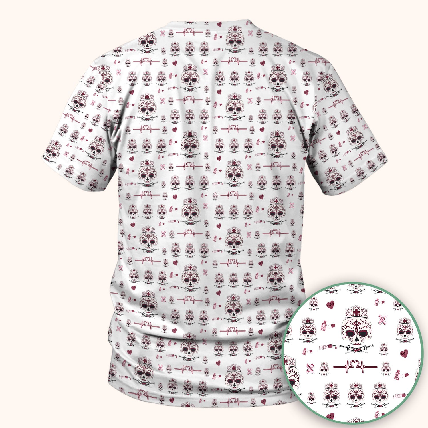 Sugar Skull Scrub Top, Skull Pattern Scrub Shirt, Breathable Fabrics Nursing Uniform