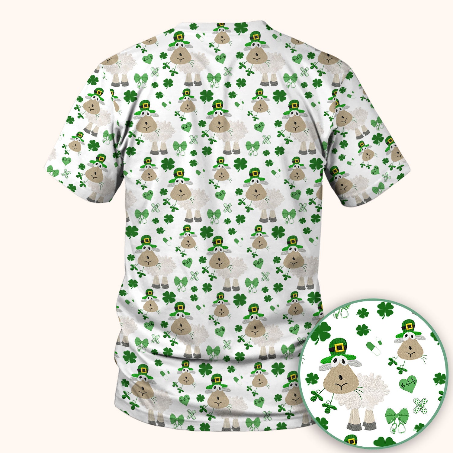 Nurse St. Patrick Scrubs Top, Cute Sheep Shamrock Pattern Nurse Shirt, Breathable Fabrics Nursing Uniform