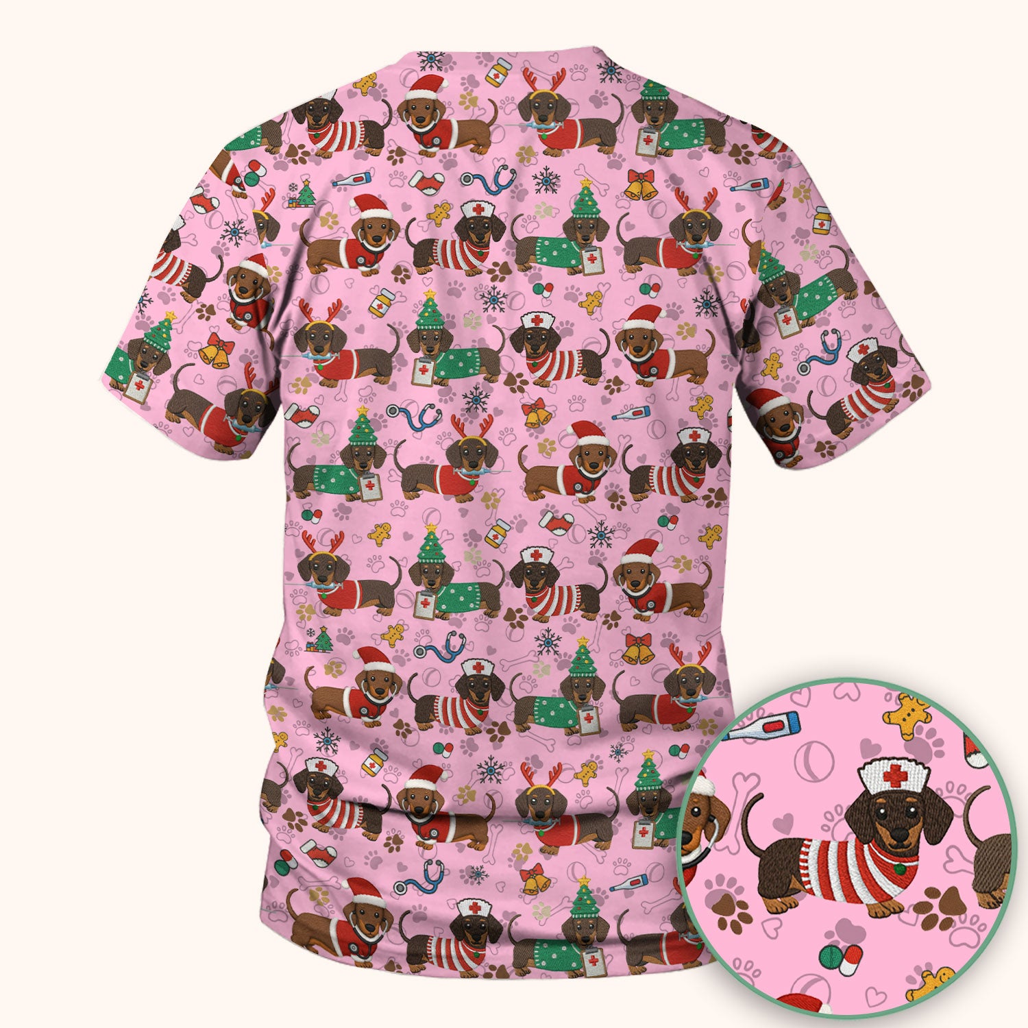 Christmas Dachshund Scrub Top for Nurses - Cute Wiener Dog Pattern Medical Shirt - Festive Holiday Scrubs Gift for Women RN CNA LPN