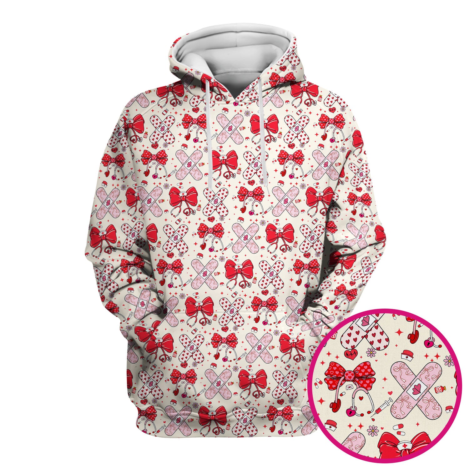 Valentine Nurse Scrub Top, Red Bow And Heart Bandage Pattern Medical Shirt, Breathable Fabrics Nursing Uniform