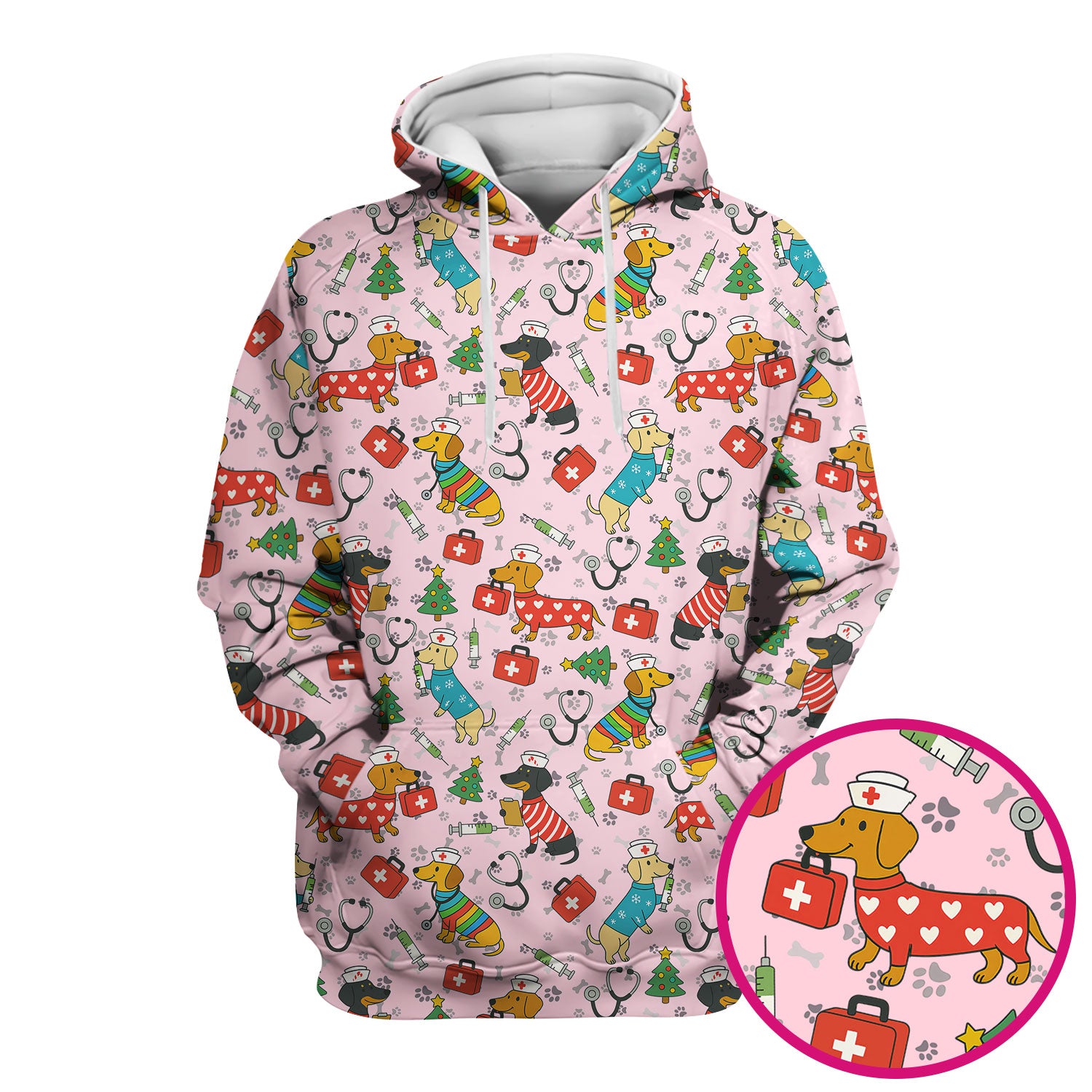 Christmas Dachshund Scrub Top - Funny Dog Nurse Scrubs Multi Color - Holiday Scrub Shirt Gift for Women Men, CNA, RN, Medical Professional