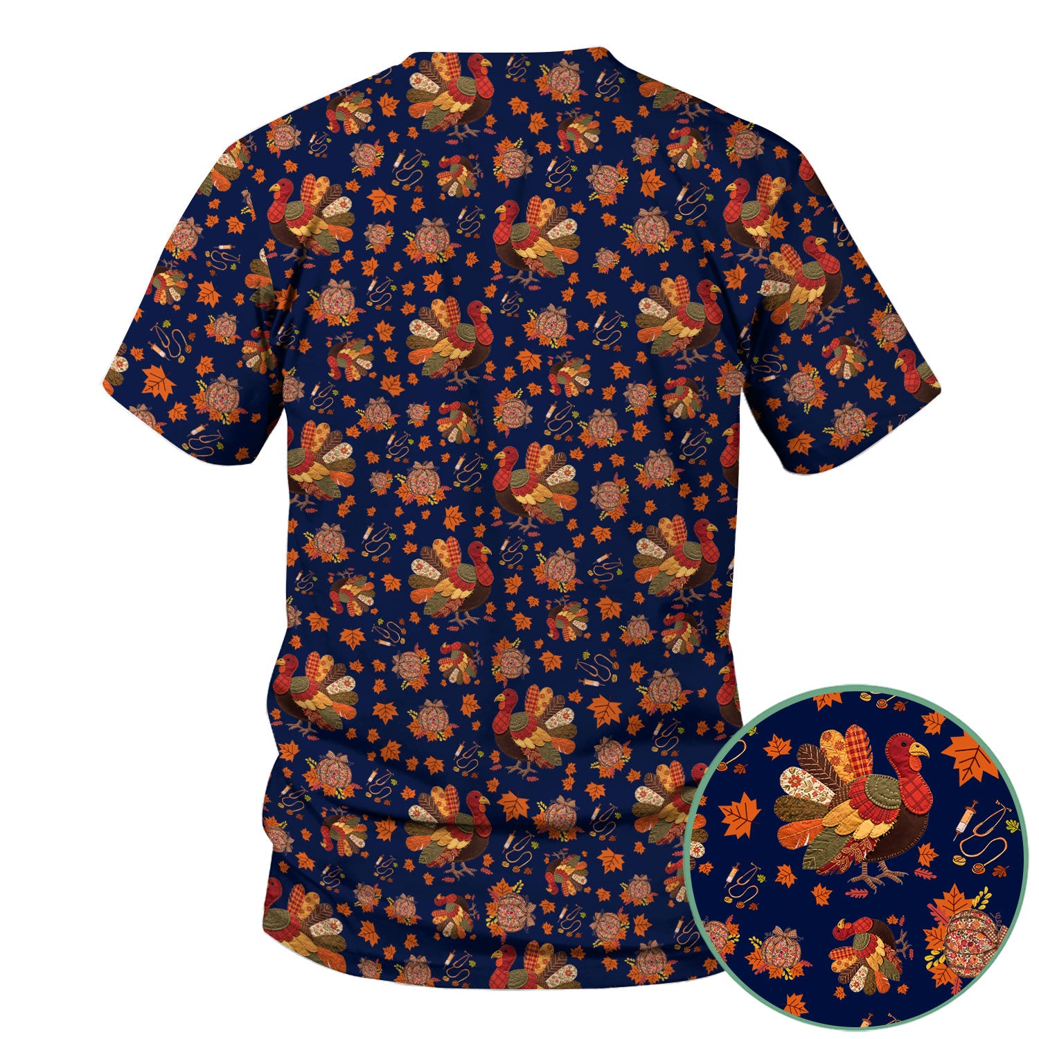 Thanksgiving Turkey Nurse Scrub Top for Women - Fall Leaves Pattern Shirts - Autumn Nursing Uniform Gift for RN LPN CNA
