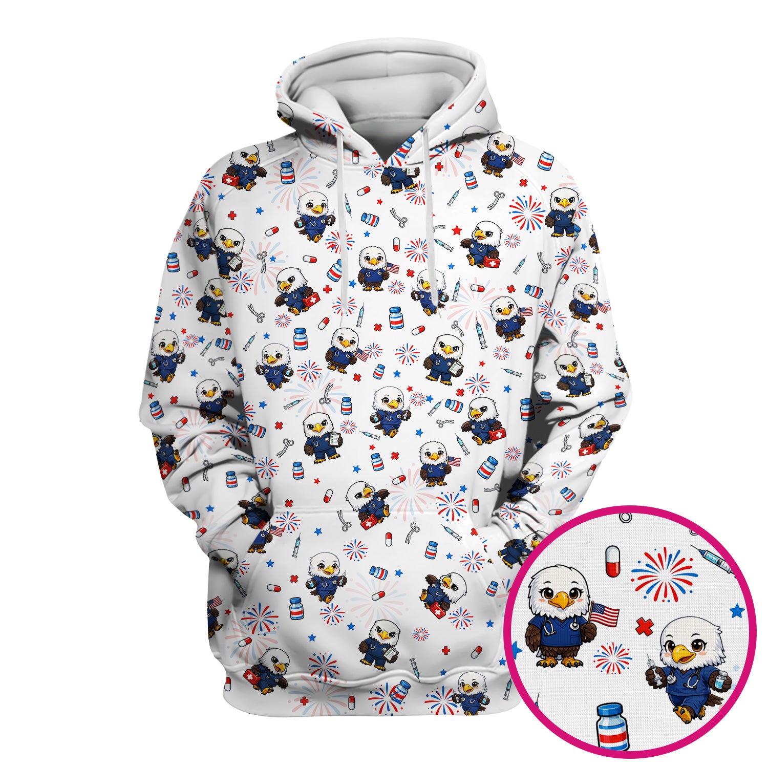 Patriotic Nurse Eagle Fireworks Medical Pattern Scrub Top, Breathable Fabrics Nursing Uniform