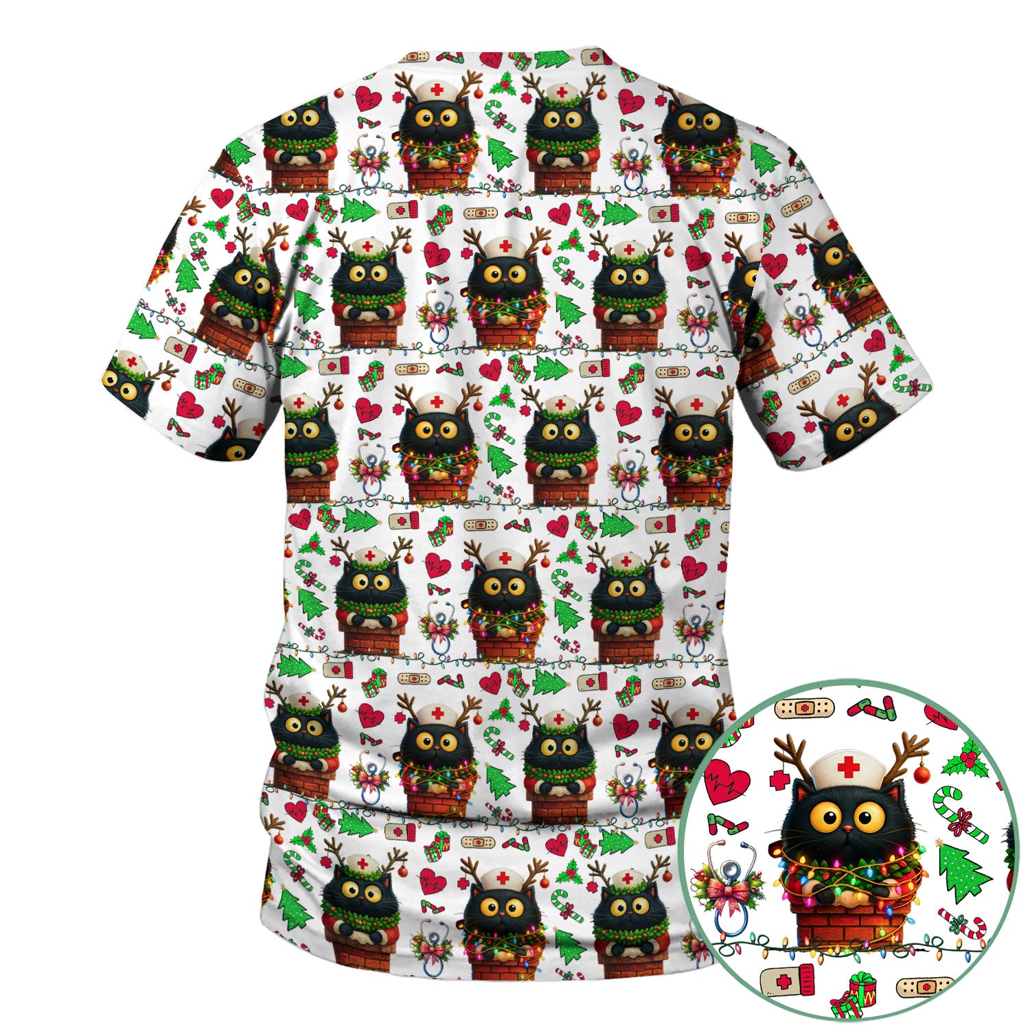 Christmas Black Cat Scrub Top for Nurse - Cute Reindeer Cat with Xmas Lights - Festive Holiday Medical Uniform for Women