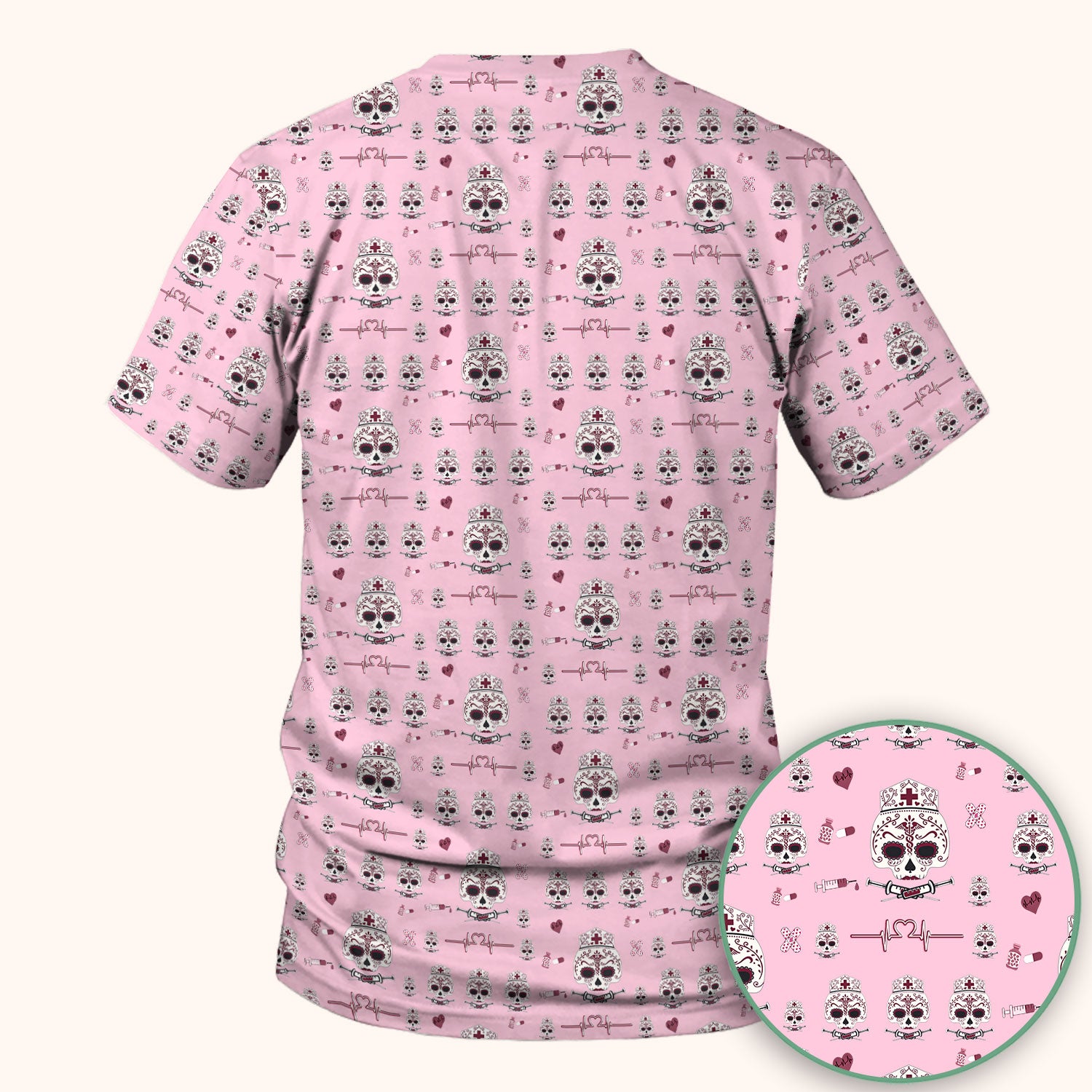 Sugar Skull Scrub Top, Skull Pattern Scrub Shirt, Breathable Fabrics Nursing Uniform