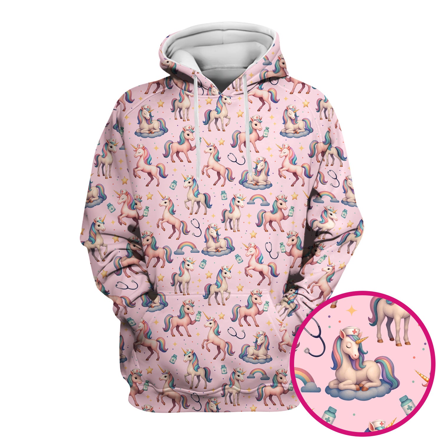 Cute Unicorn Nurse Scrub Top for Women - Rainbow Pastel Pattern Medical Shirt - Fun Fantasy Gift for RN LPN CNA Pediatric Nurses