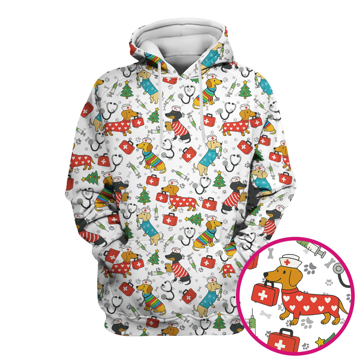 Funny Dachshund Scrub Shirt - Christmas Dog Print Scrubs Multi Color - Holiday Nurse Scrub Top Gift for Women, Men, CNA, RN, Medical Staff