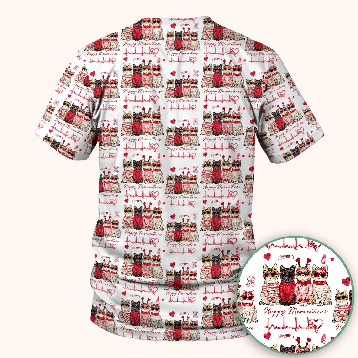 Happy Meowtines Cat Pattern Scrub Top, Valentine Cat Lover Nurse Scrub Shirt, Heartbeat Medical Pattern Nursing Uniform