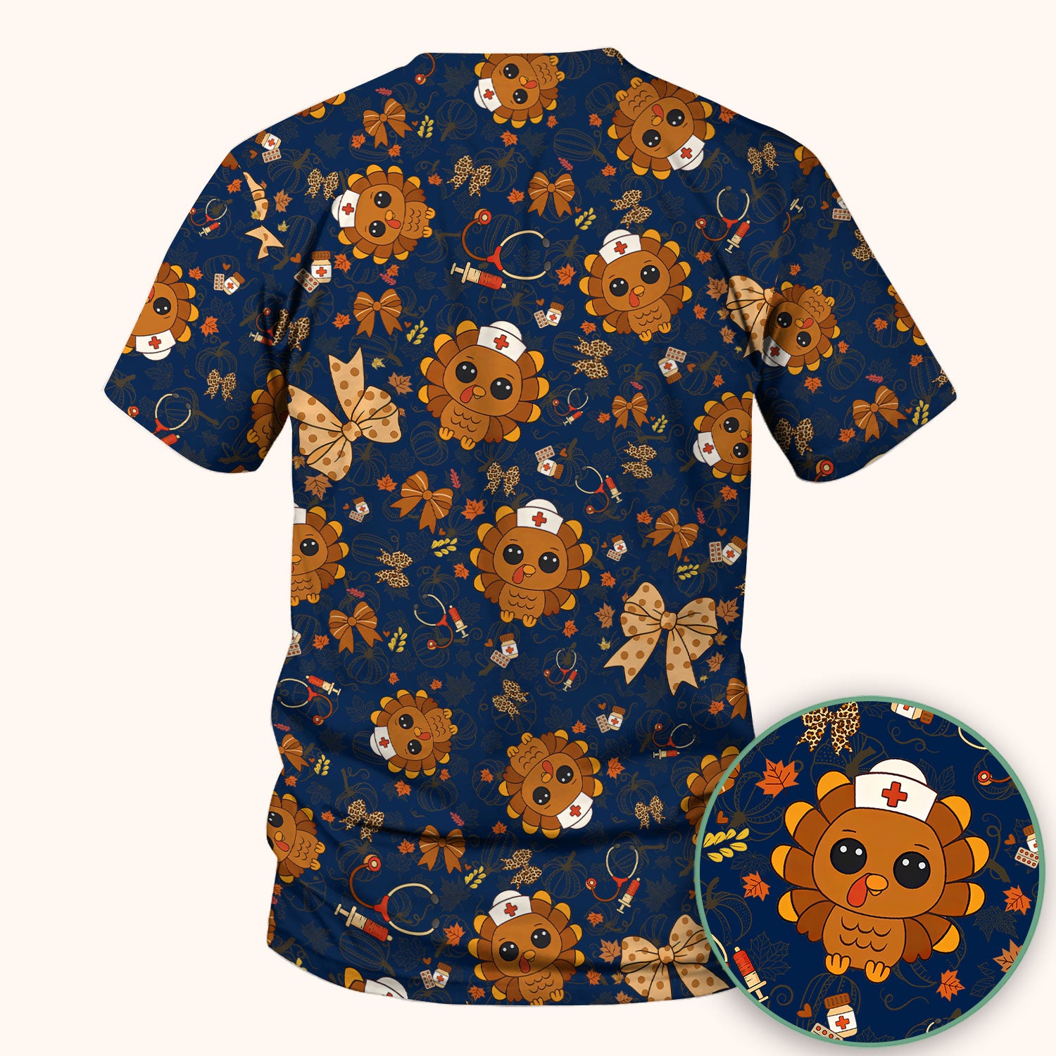 Thanksgiving Turkey Nurse Scrub Top for Women - Cute Fall Leaves and Bow Shirt - Autumn Medical Shirt Gift for RN CNA LPN Doctor