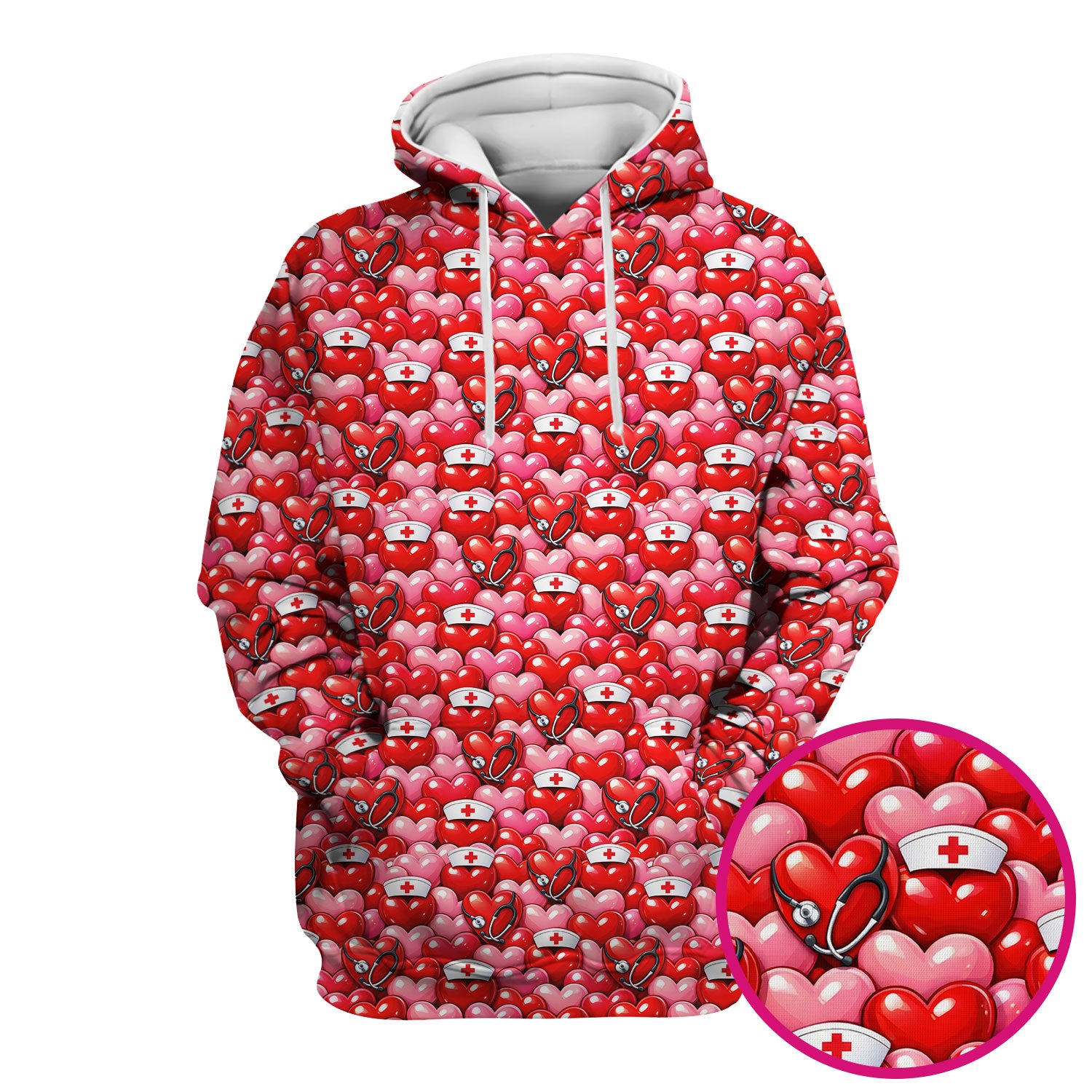 Valentine Pattern Nurse Scrub Top, Heart With Stethoscope Love Medical Shirt For Women, Breathable Fabrics Nursing Uniform