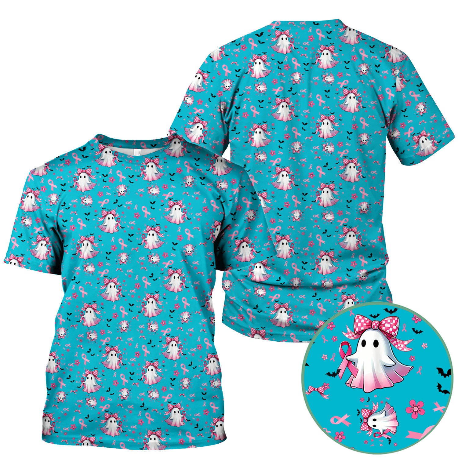 Halloween Ghost Scrub Top for Women - Breast Cancer Awareness Pink Ribbon Nurse Shirt - Cute Spooky Medical Uniform RN LPN CNA